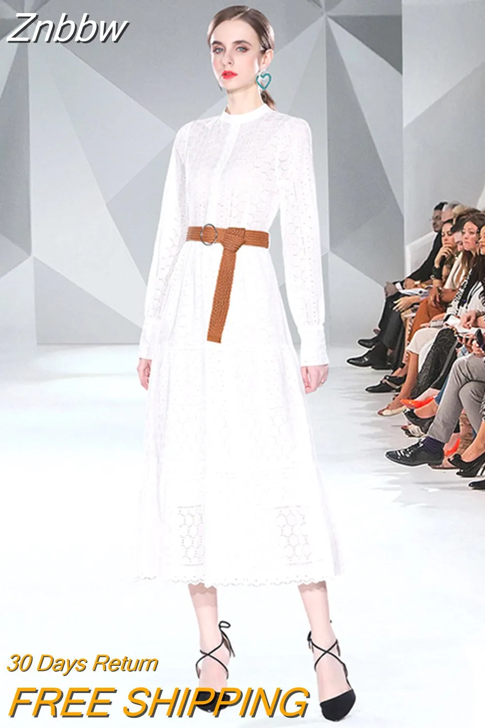 Znbbw 2023 Spring Embroidery Long Dress Women White Black Green Hollow Out Single Breasted Long Sleeve Ladies Party Dress - Image 6