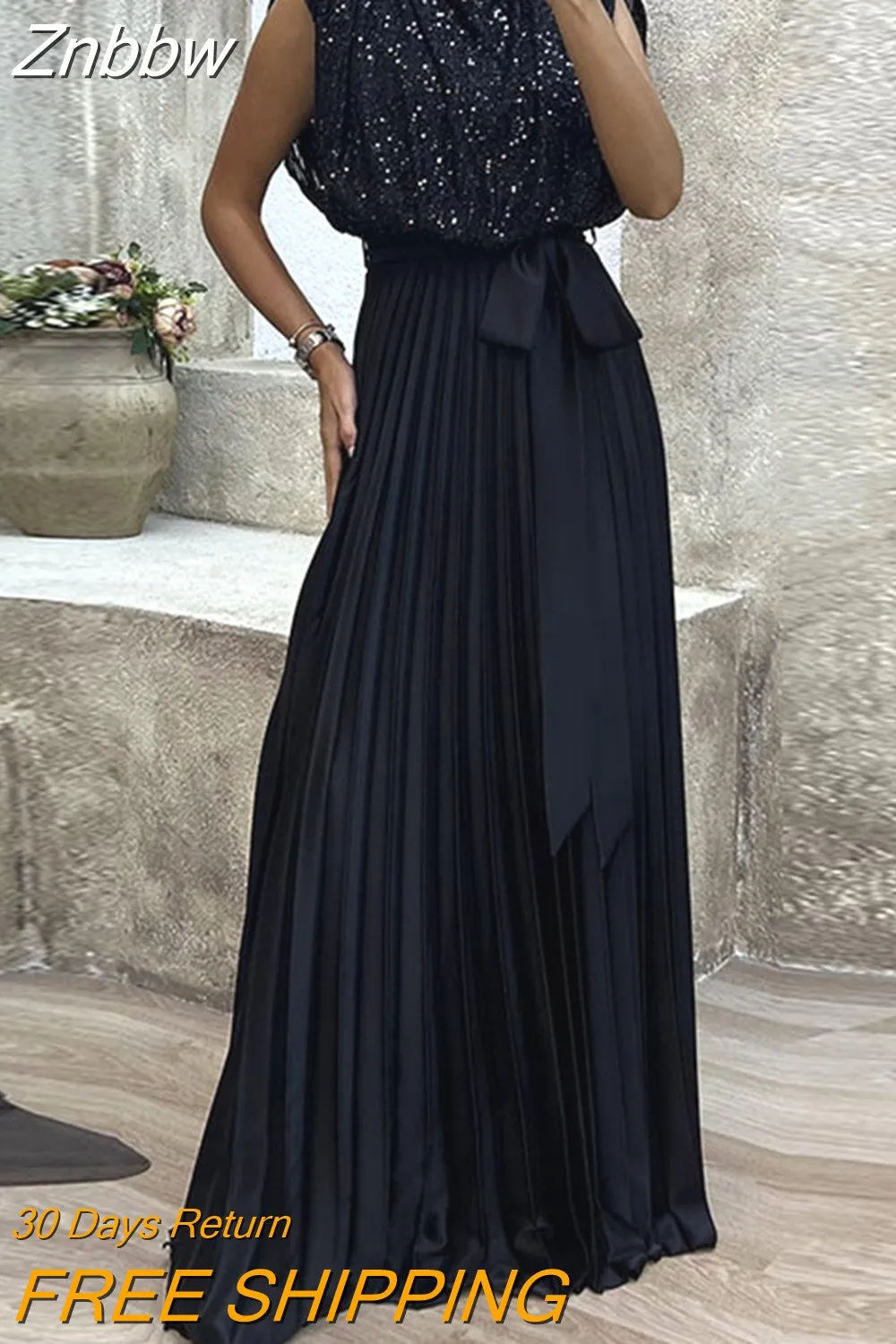 Znbbw Backless Pleated Evening Dresses Women O-neck Sequin Patchwork Long Dress Fashion Sleeveless Lace Up High Waisted Dress - Image 3