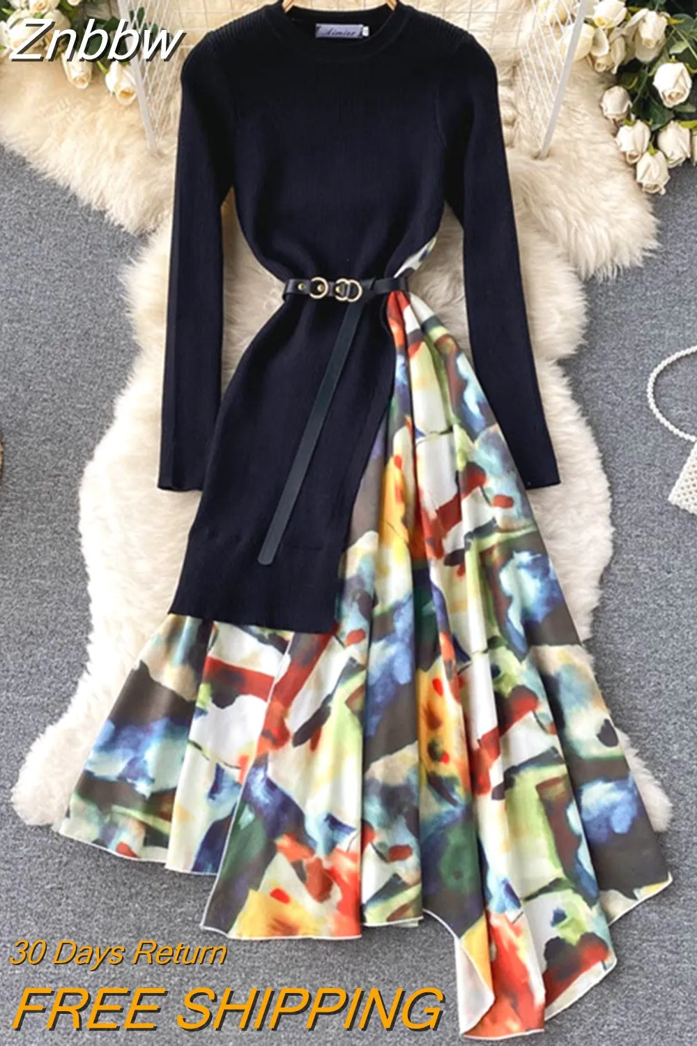 Znbbw Winter Elegant Knitted Patchwork Gradient Print Pleated Dress Women Long Sleeve Office One-Piece Sweater Dress With Belt - Image 6