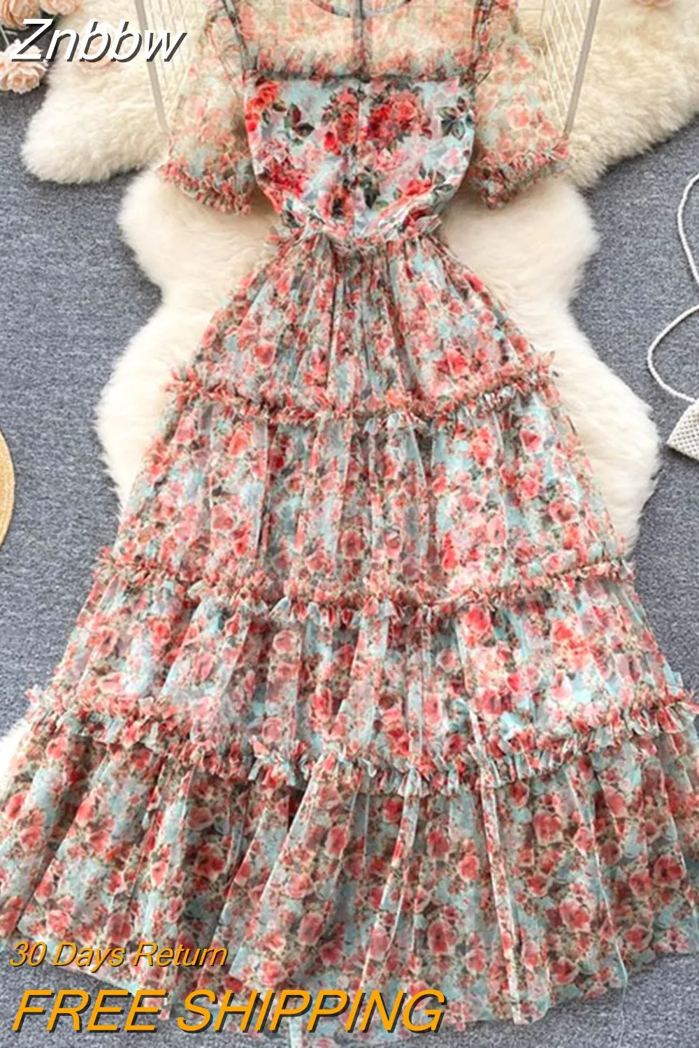 Znbbw Designer Summer Beach Dress Women Elegant Short Sleeve Floral Ruffles Tulle Mesh Layer Cake Vestidos De Fiesta Robe N5006