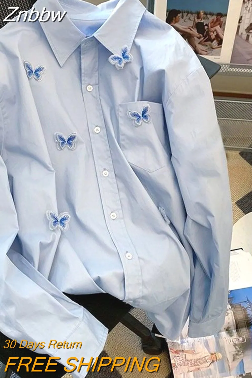 Znbbw Women Shirts Long Sleeve Butterfly Embroidered Blouses Spring Lapel Temperament Solid Female Blusas Basic Outwear Top