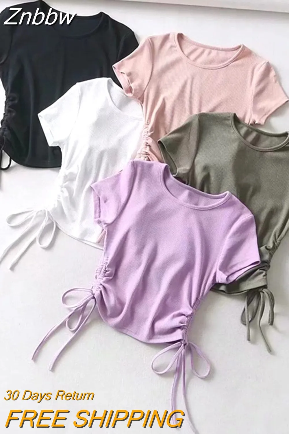 Znbbw Side Drawstring Tie Up Ruched Tank Tops Women Solid Color Slim Crop Top Ladies Streetwear Ribbed Knitted Tees