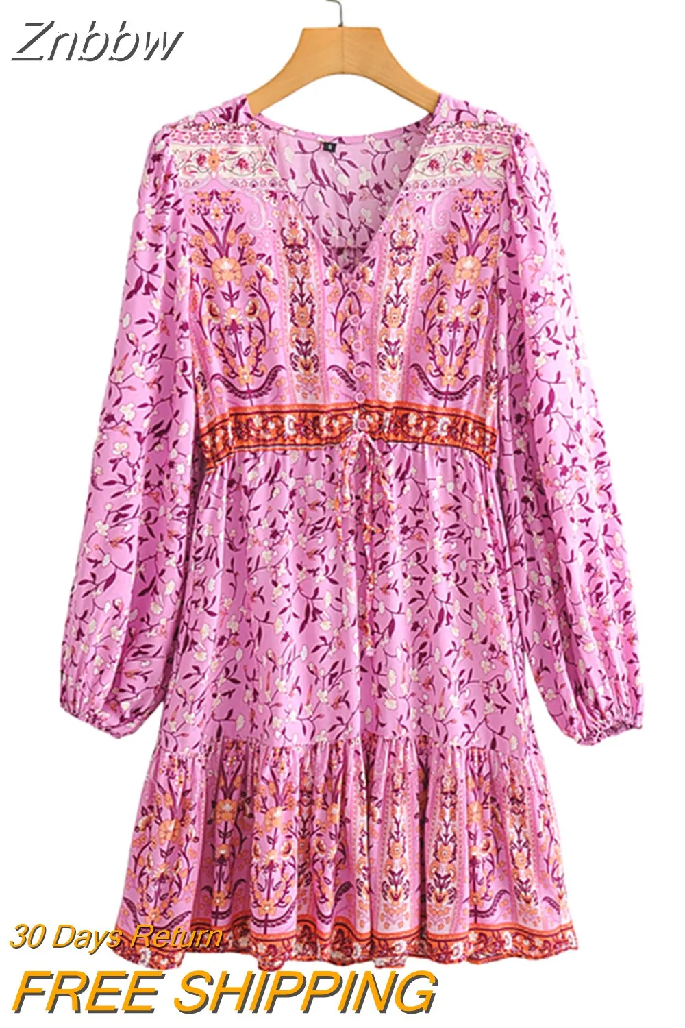 Znbbw Women Long Sleeve V Neck High Waist Lace Up Evening Party Elegant Mini Dress Boho Floral Print Loose Holiday Casual Beach Dress - Image 4