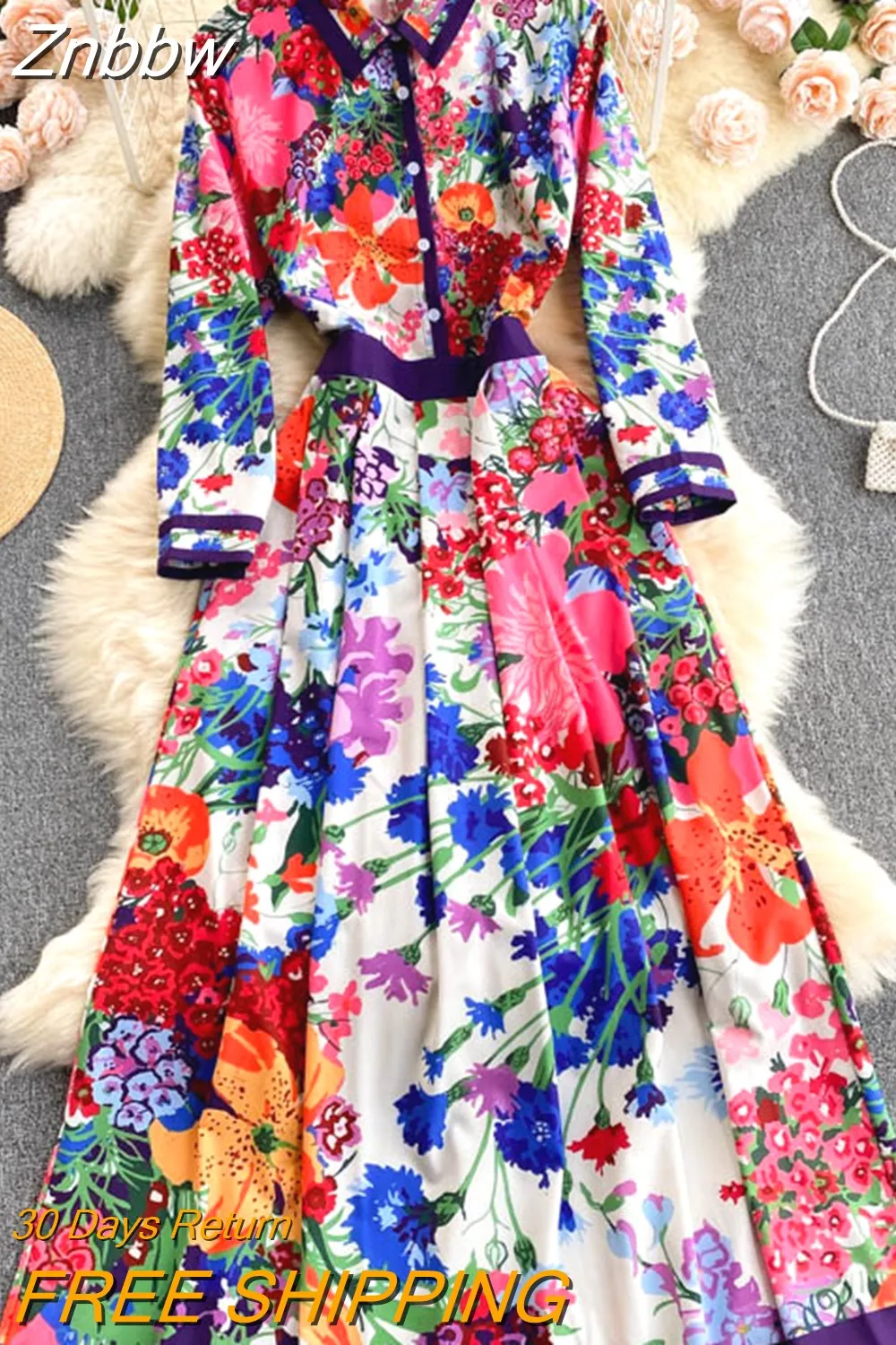 Znbbw 2023 Autumn Runway Long Dresses Women's Long Sleeve Gorgeous Flower Print Buttons up Holiday Party Dress Robe Longue 0410 - Image 9