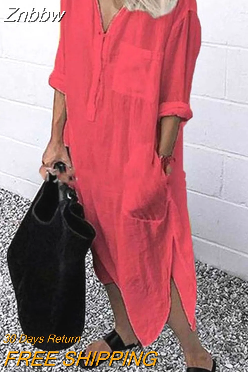 Znbbw Women Lapel Long Sleeve Shirt Dress Summer Solid Color Slit Pocket Button Shirt Female Casual Holiday Beach Party Loose Dresses - Image 5