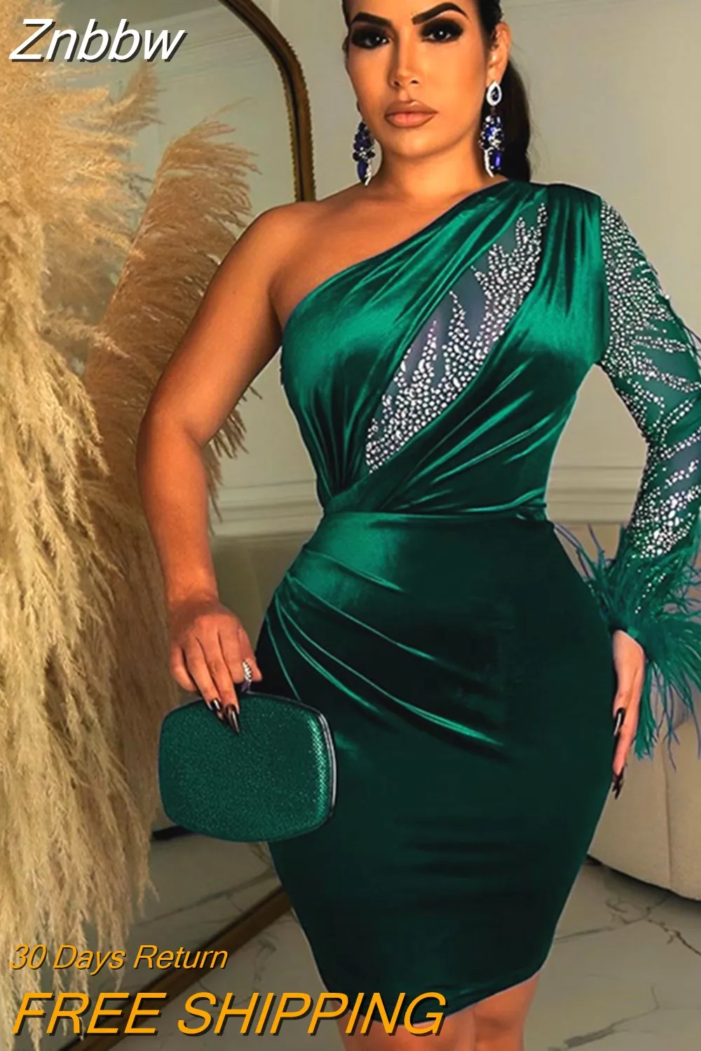 Znbbw Women Velvet Sexy Feather One Shoulder Mini Dress 2023 Long Sleeve Backless Elegant Gown Female Rhinestone Evening Dresses - Image 6