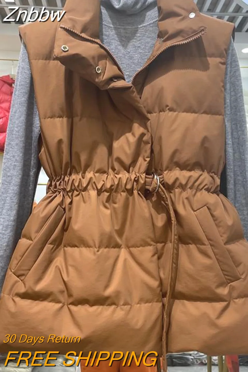 Znbbw Womens Down Vest Autumn Winter Solid Loose Drawstring Belt Stand Collar Windproof Lightweight Waistcoat Sleeveless Warm Vests - Image 7