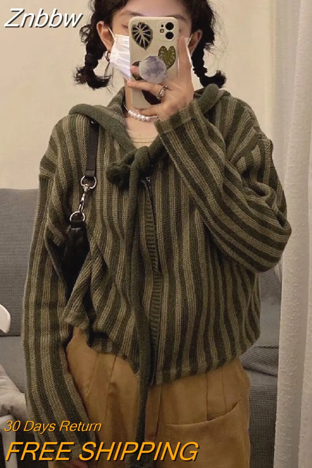 Znbbw 90s Vintage Green Hooded Knitted Cardigan Women Harajuku Kpop Zip Up Cropped Sweater Fairy Grunge Loose Y2K Tops Korean - Image 2