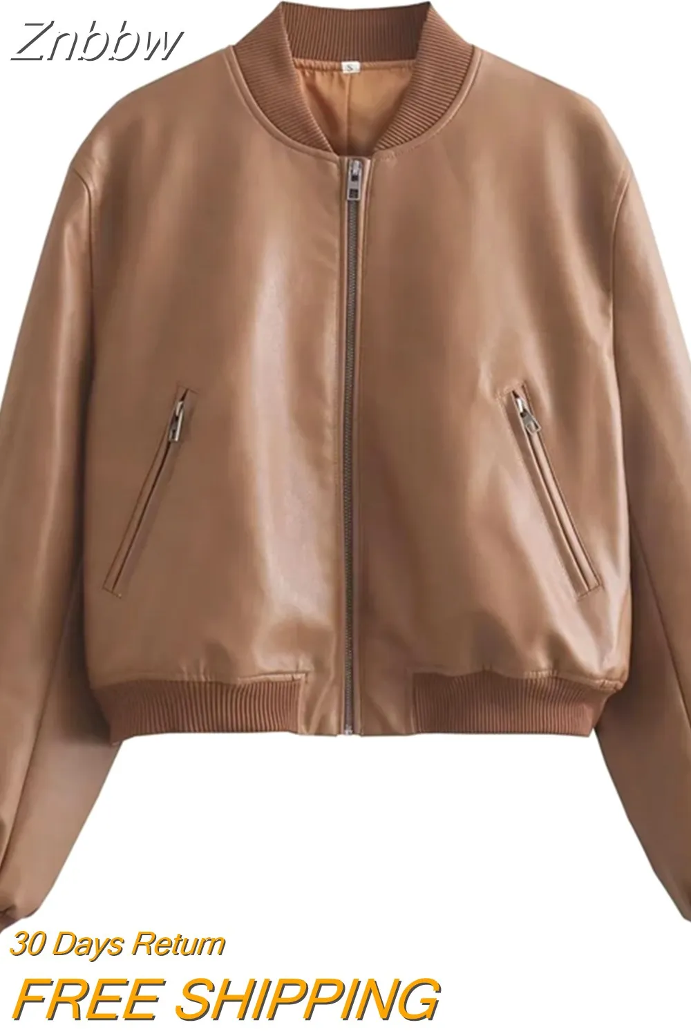 Znbbw Women's Vintage Solid Zipper PU Leather Bomber Jacket Casual Female Cropped Coat 2023 Lady Spring Autumn Jackets Street Wear - Image 9