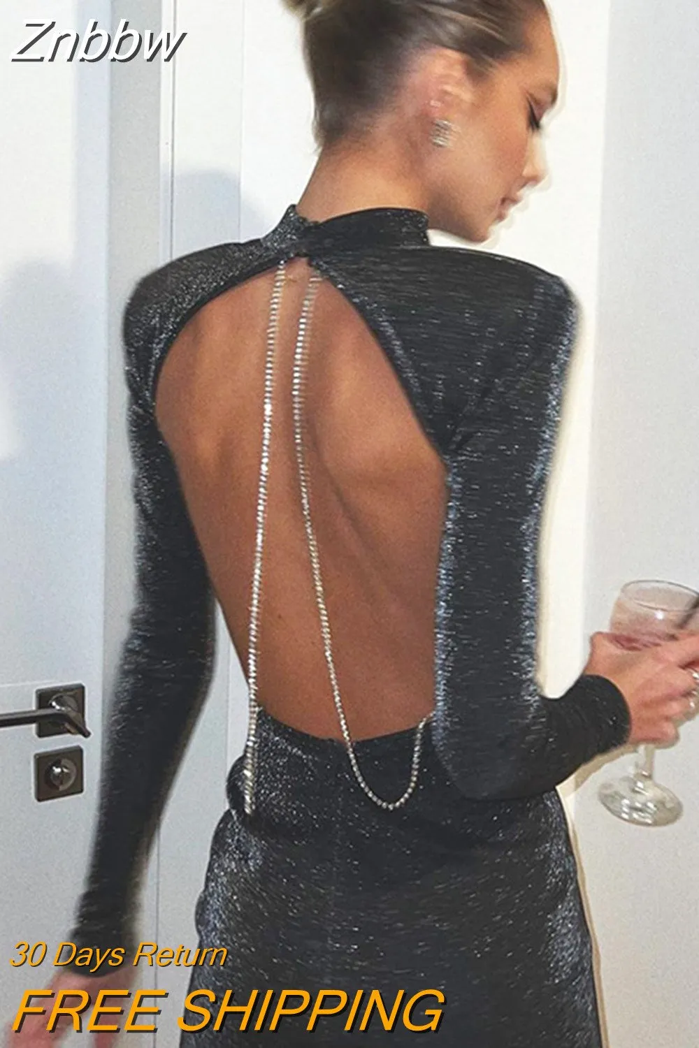 Znbbw 2023 Autumn New O Neck Full Sleeve Dress For Women Robe Fashion Black Backless Diamond Chain Party Mini Dress Vestido - Image 4