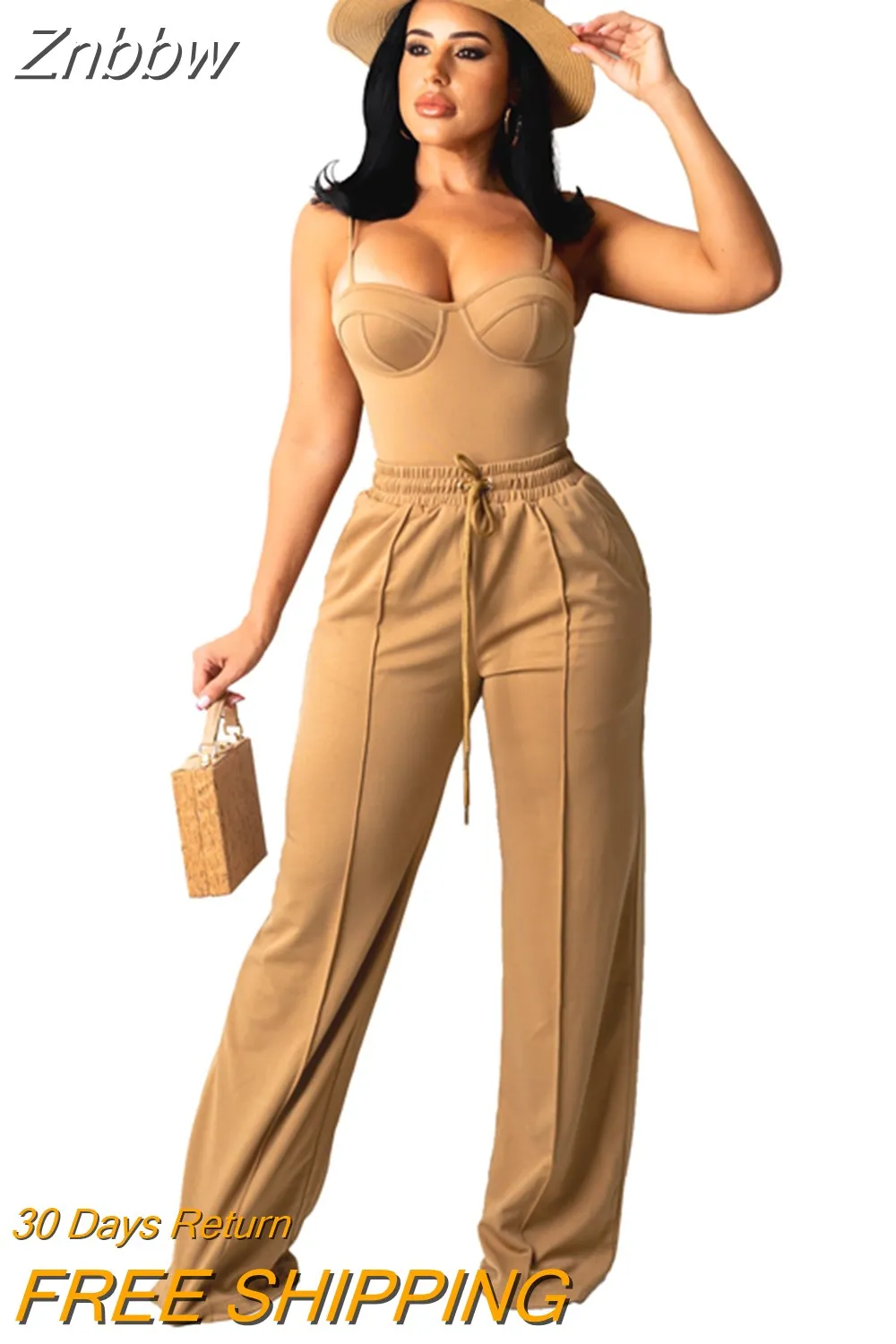 Znbbw Women Summer Pants Sets Solid Color Two-Piece Office Lady Suits Sleeveless Strap Camisole Crop Tops Wide Leg Pants S-2XL - Image 4
