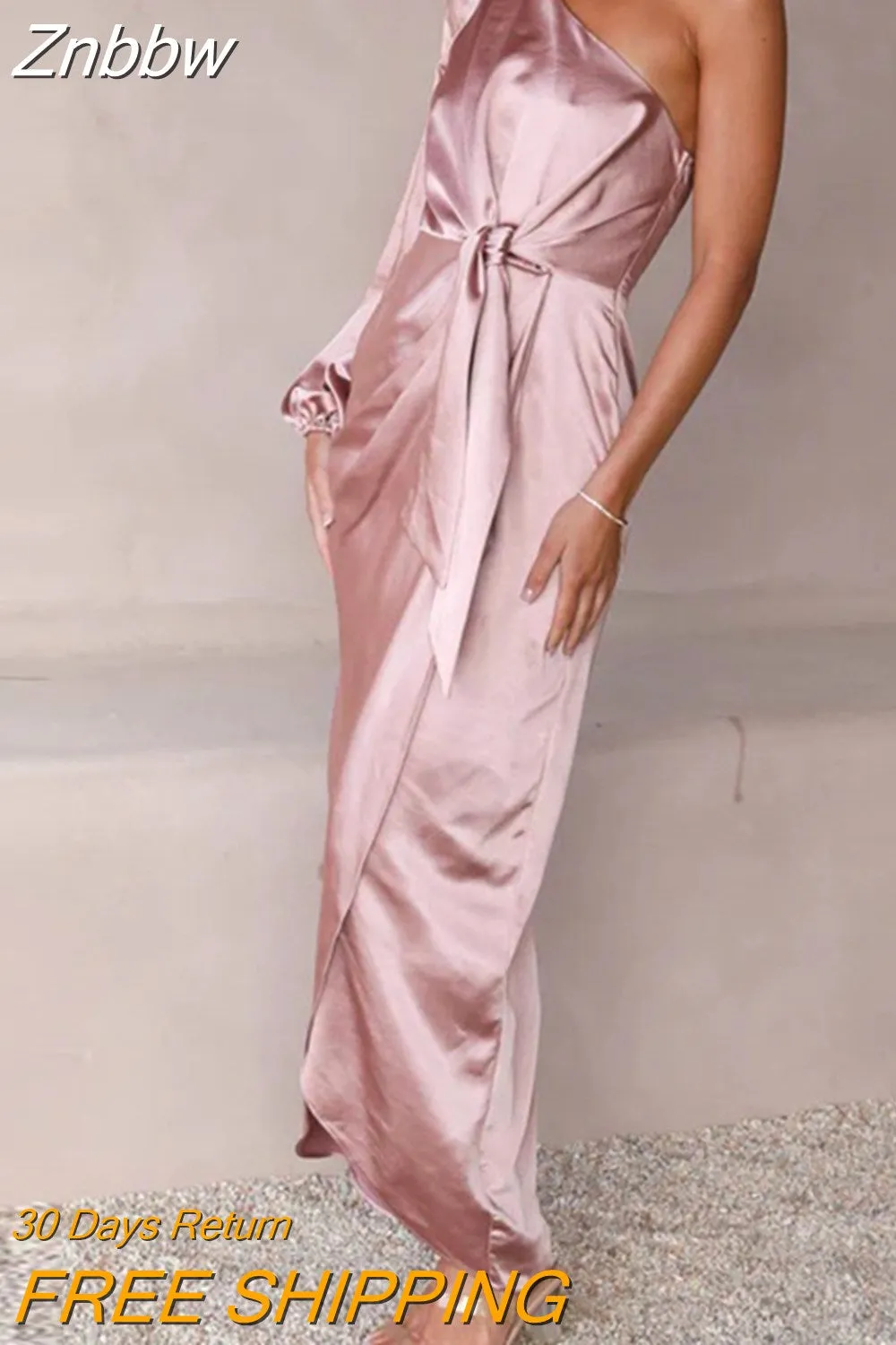 Znbbw Asymmetric Long Dress New Autumn Women's Off Shoulder Lantern Sleeve Party Dress Elegant Lace Up Waist Satin Slim Fit Dress - Image 6