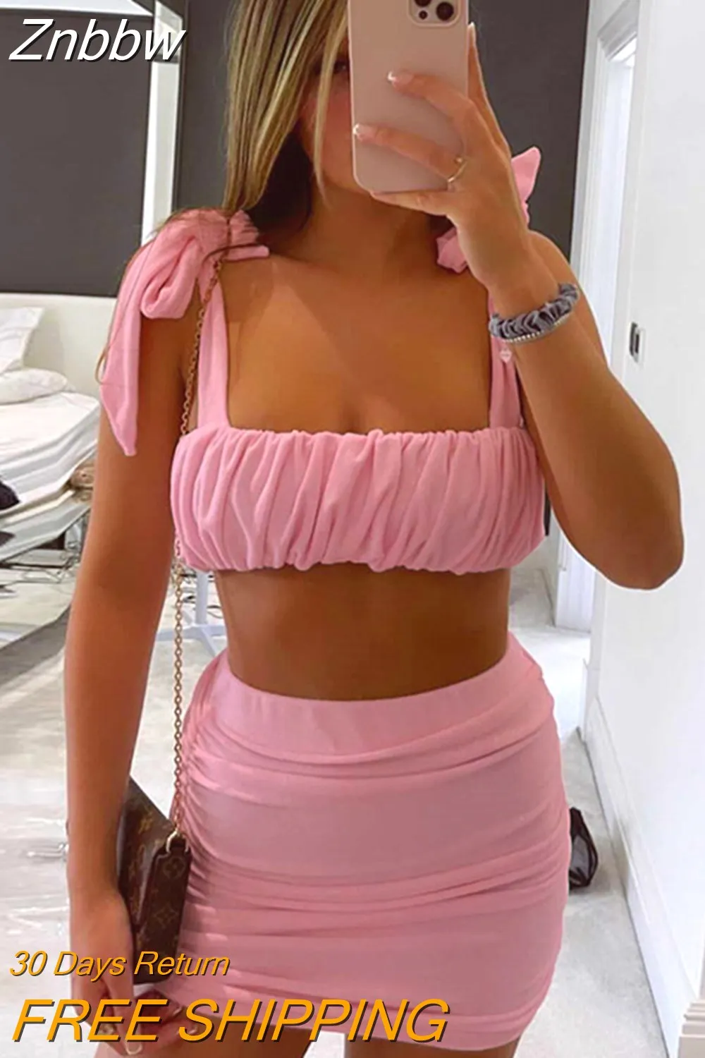 Znbbw Women's Outfits Skirt Suit Solid Color Pleated Double Sides Strap Sling Slim Vest + High Waist Skirt Simple Two-piece Set - Image 8