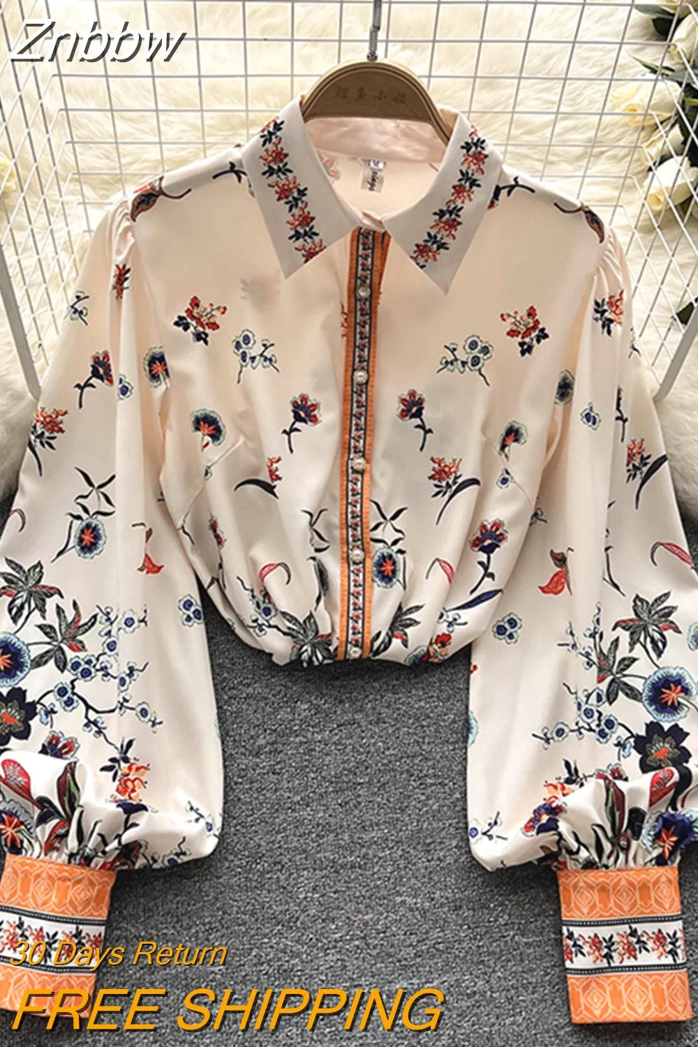 Znbbw Korean version niche loose design ethnic style printed long-sleeved sunscreen puff-sleeve shirt tops female D0874