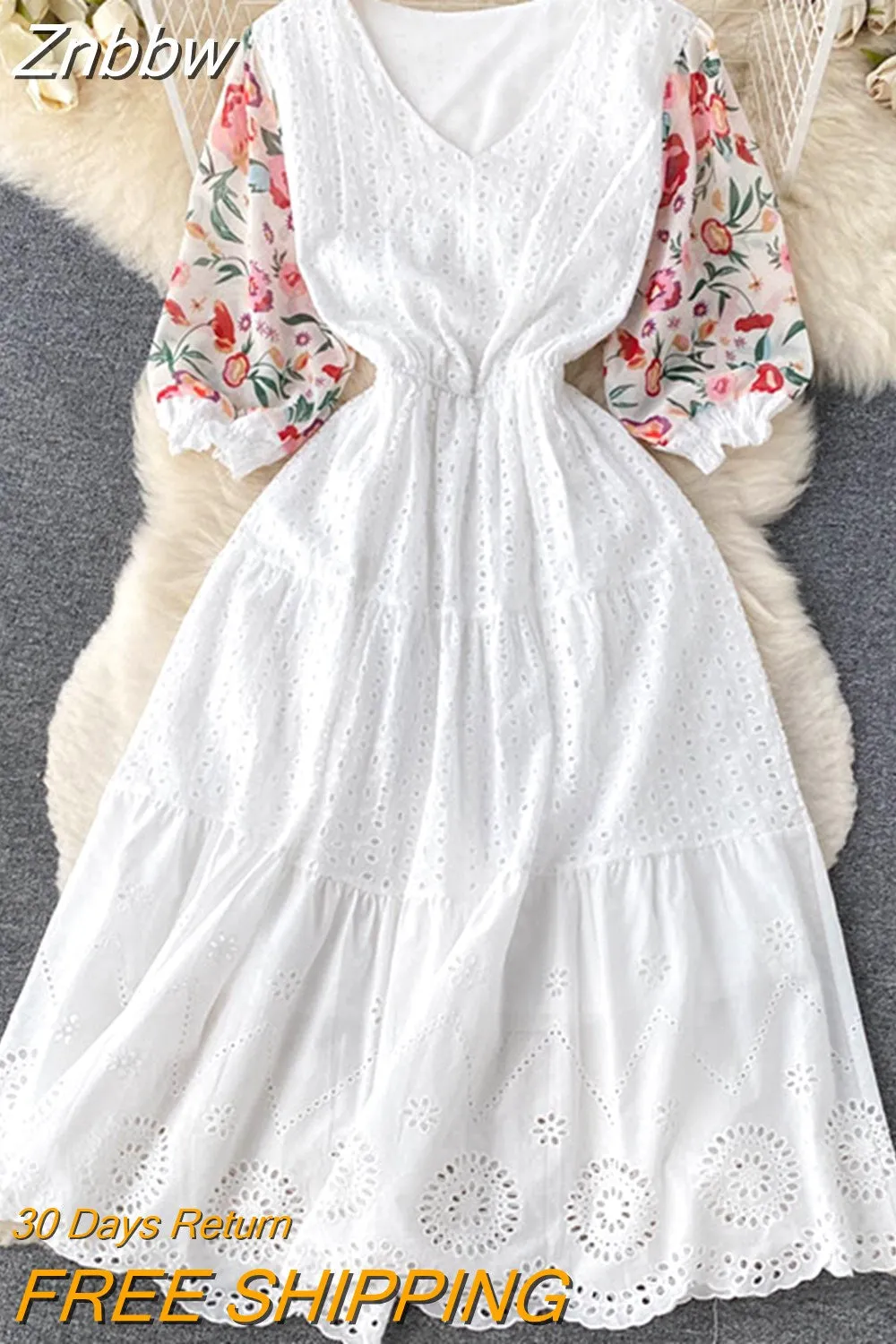 Znbbw Women Summer Dress Ethnic Printed Panel Hollow V-neck Temperament Vestidos Female Small Stature Seaside Holiday D2047 - Image 6