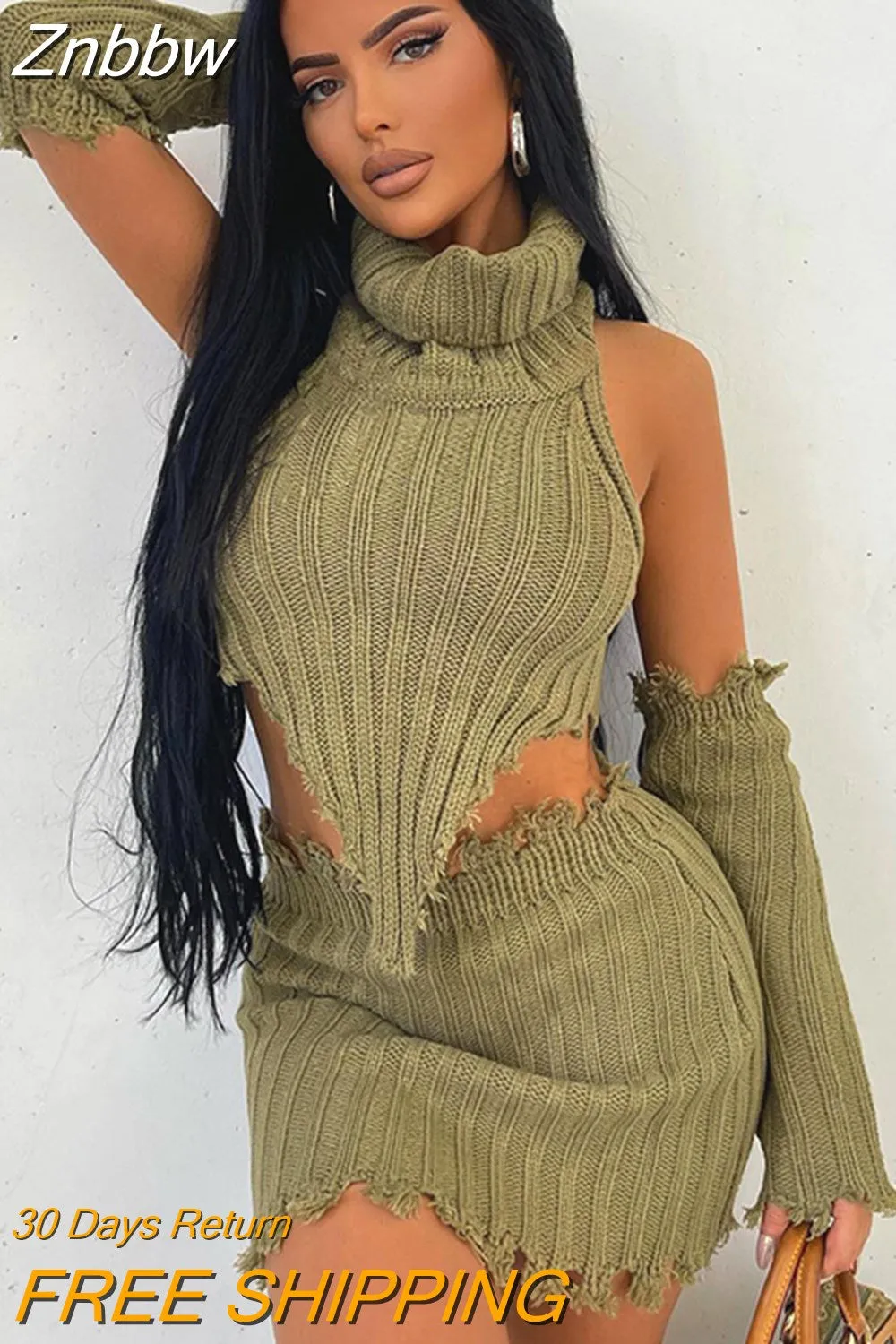 Znbbw Women Knitted Tops Mini Skirts Two Piece Sets Fall Outfits Streetwear 2023 Fall Clothing Wholesale Items For Business - Image 2