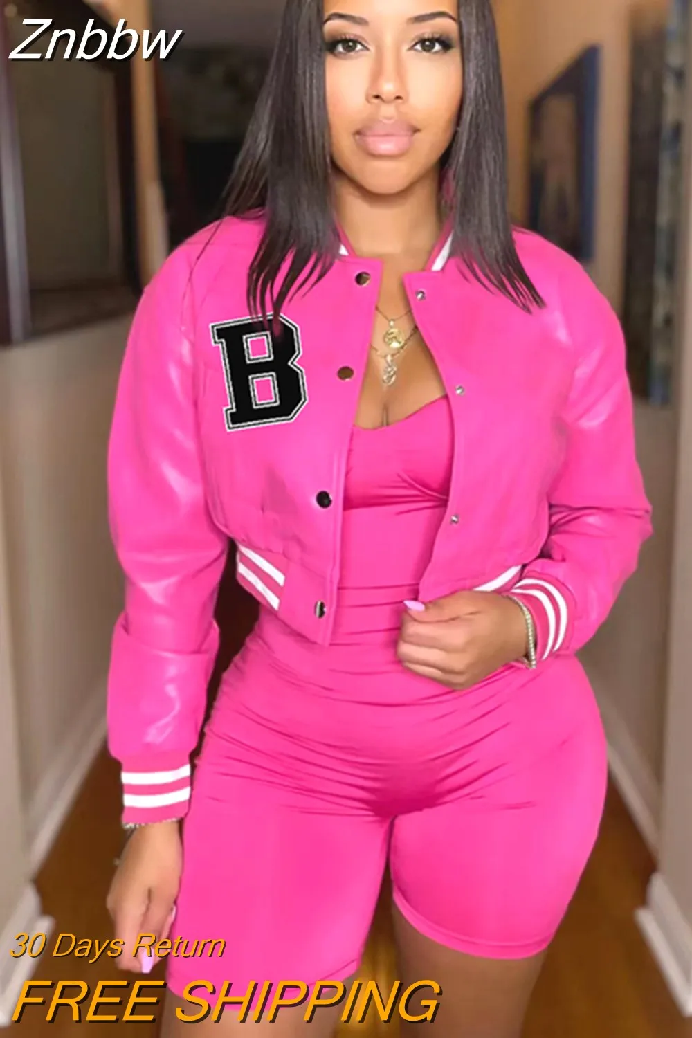 Znbbw Women Letter B Single Breasted PU Faux Leather Short Coat Lady Full Sleeve Jackets Female O-Neck Button Down Slim Fit Streetwear - Image 4