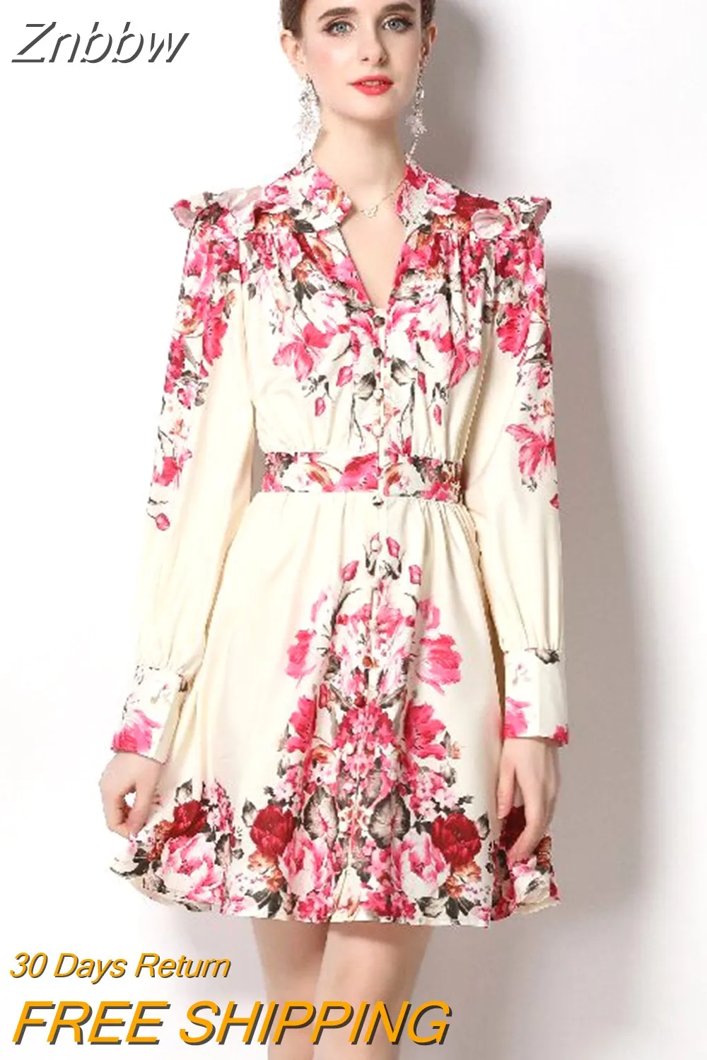 Znbbw 2023 Spring Autumn Women Short Dress Runway V-Neck Long Lantern Sleeve Single Breasted High Waist Party Vestidos - Image 2