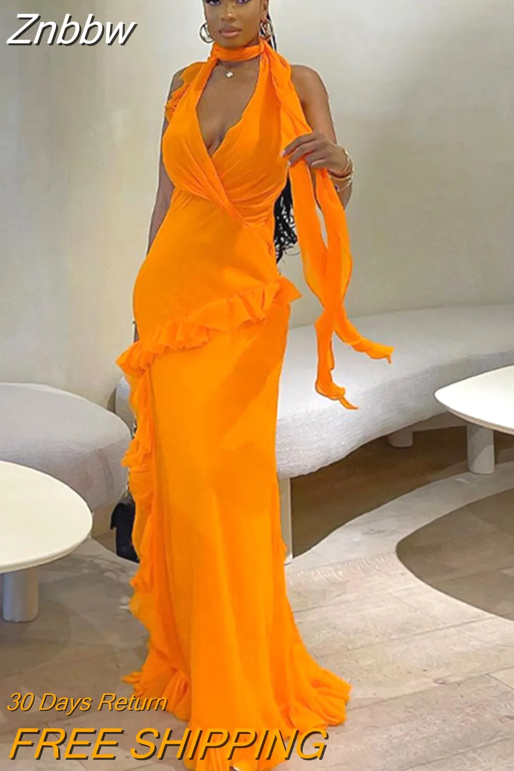 Znbbw Women Elegant Irregular Ruffles Slim Long Dress 2023 Summer Sexy V-neck Sleeveless Halter Maxi Dresses Beach Party Club Gowns - Image 4