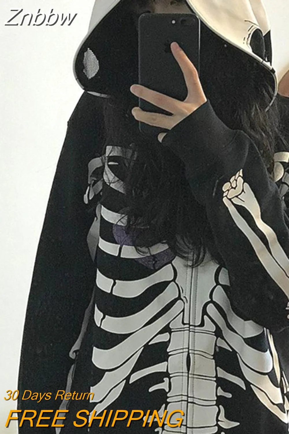Znbbw Y2K Gothic Zip Up Hoodies Women Punk Oversized Skull Skeleton Print Sweatshirts Black Hip Hop Loose Tops Jacket Grunge