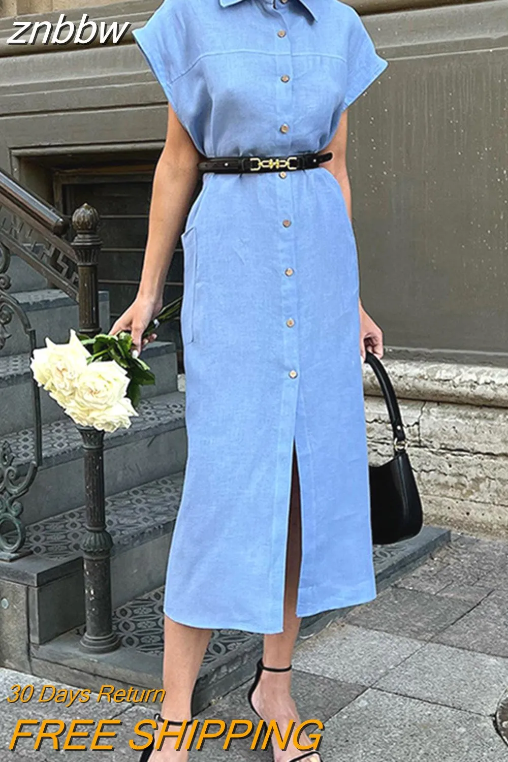 znbbw Women Lapel Single-Breasted Dress Spring Summer New Commute Holiday Cotton Linen Dress Temperament Elegant High Waist Long Dress - Image 2