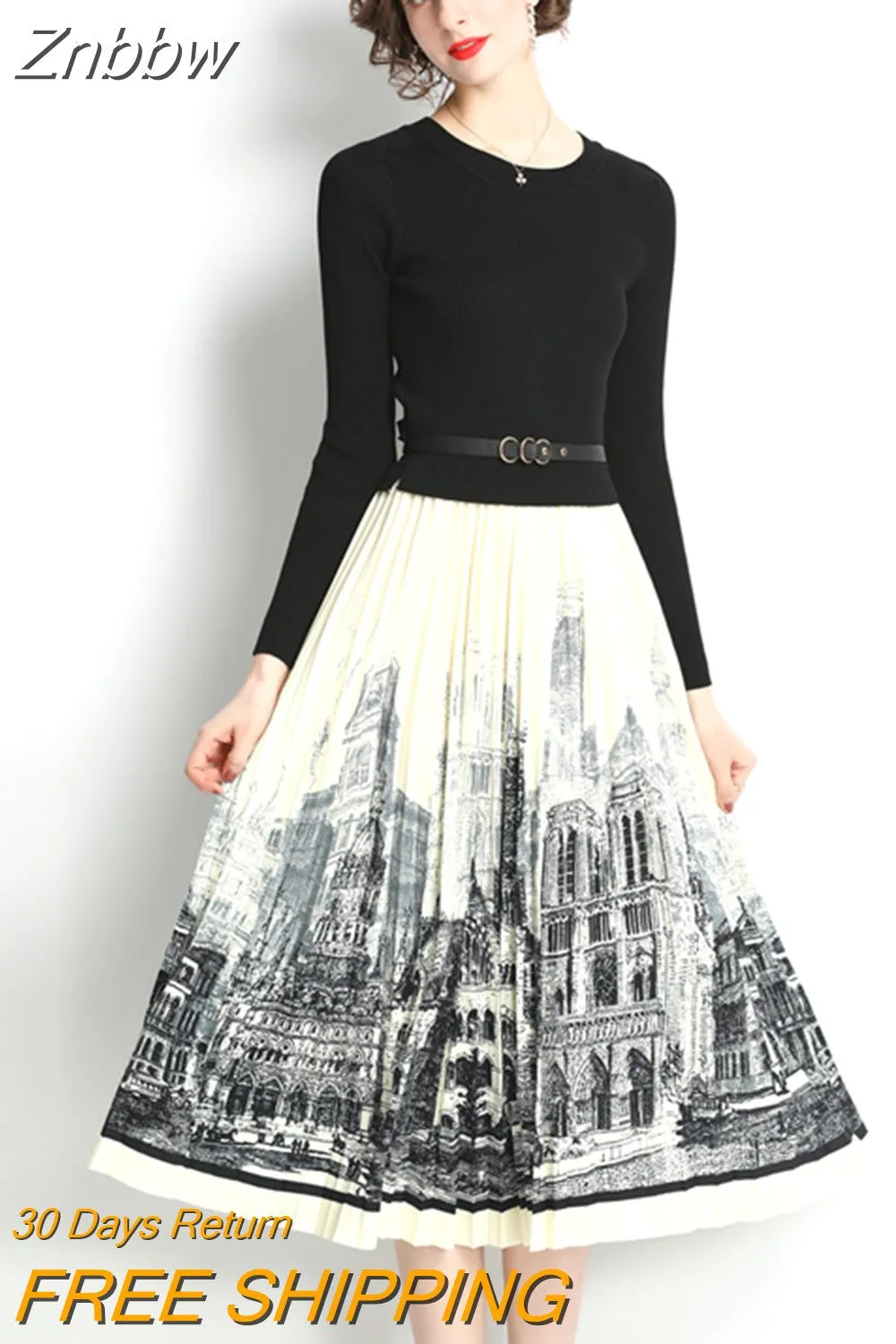 Znbbw Winter Chic Contrast Color Knit Patckwork Pleated Dress Women Long Sleeve Slim Waist Elegant All-match Knitted Vestidos