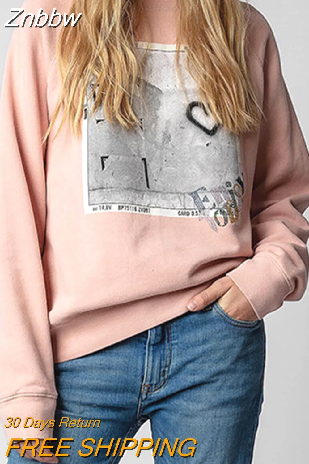 Znbbw Printed Letter Strass Sweatshirt Women Washed Vintage Long Sleeve O Neck Pullovers Sweatshirts Female Classic Hoodies Tops