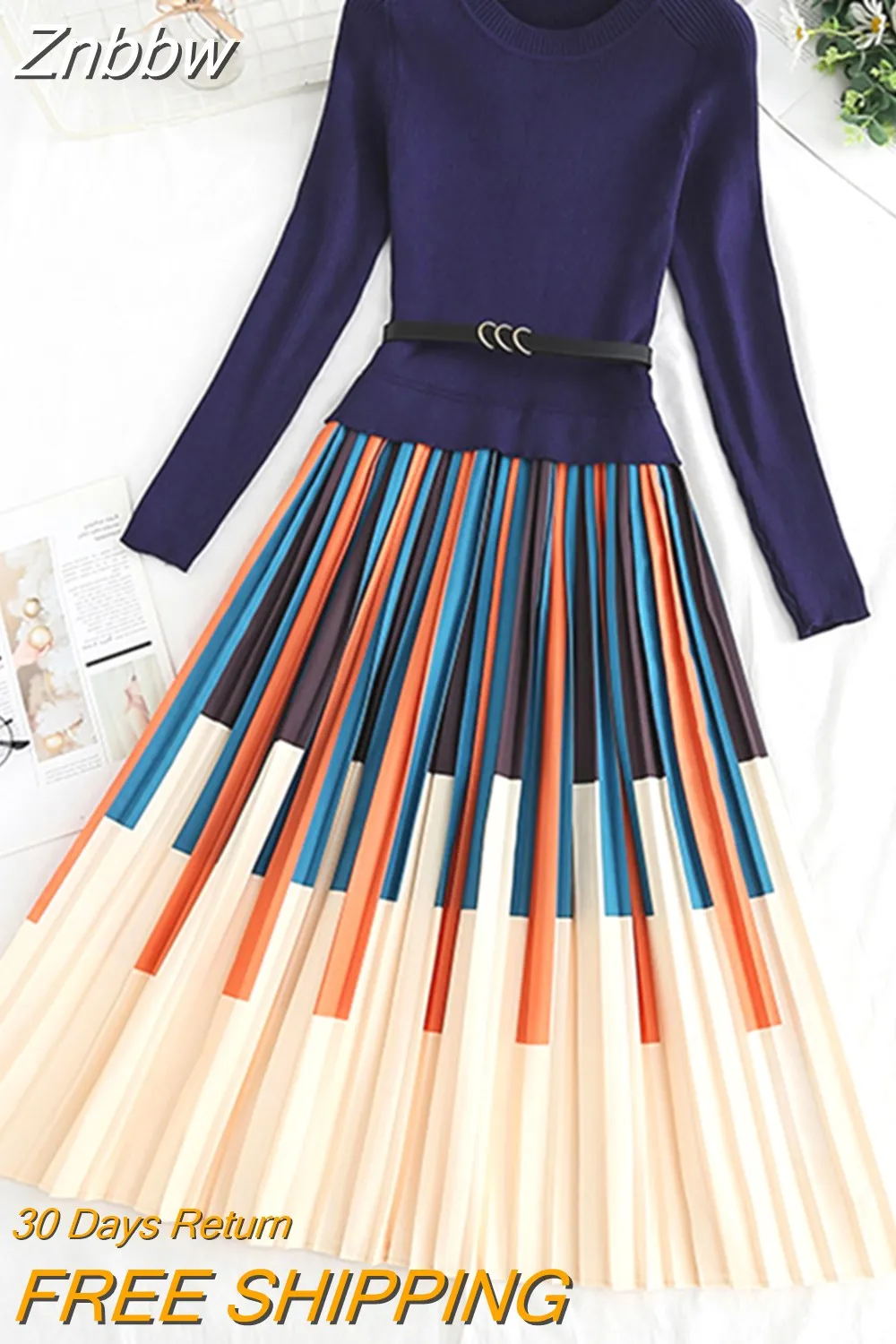 Znbbw Winter Elegant Striped Print Knitted Stitching Pleated Dress Women Long Sleeve Thick Pullover Sweater Office Midi Vestido