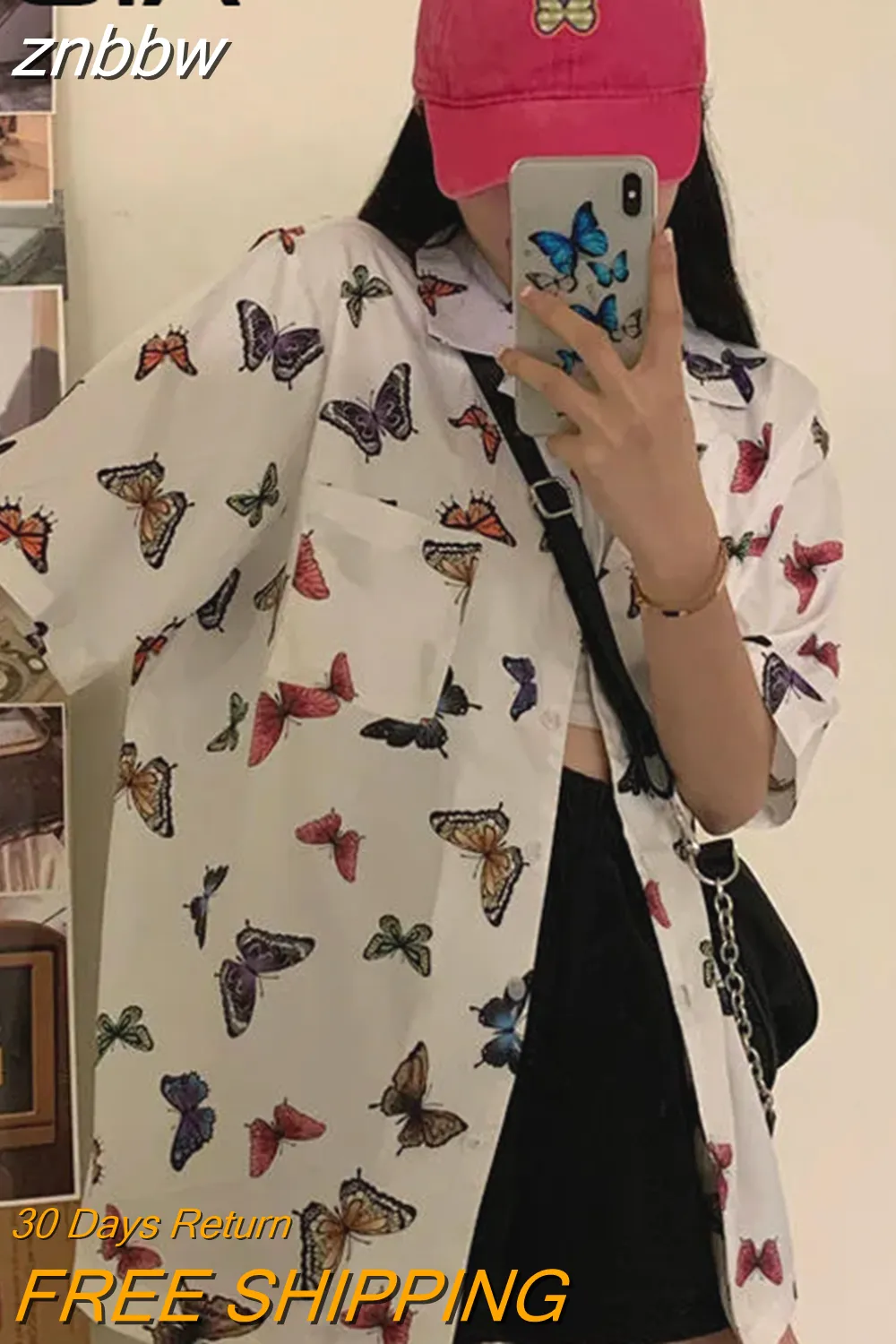 znbbw Vitage Short Sleeve Loose Women Blouse Shirt Y2K Butterfly Printing Button Up Pockets Womens Shirts 2023 Summer Felame Tops