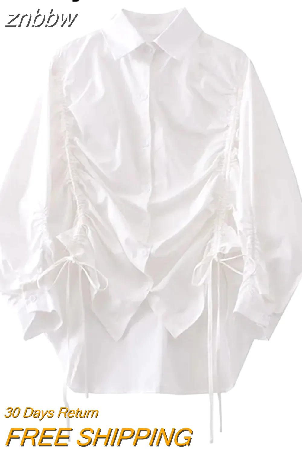 znbbw 2023 Spring Office Lady Long Sleeve Lacing Folds White Shirt Blouse Women Elegant Button Up Work Female Shirts Clothes