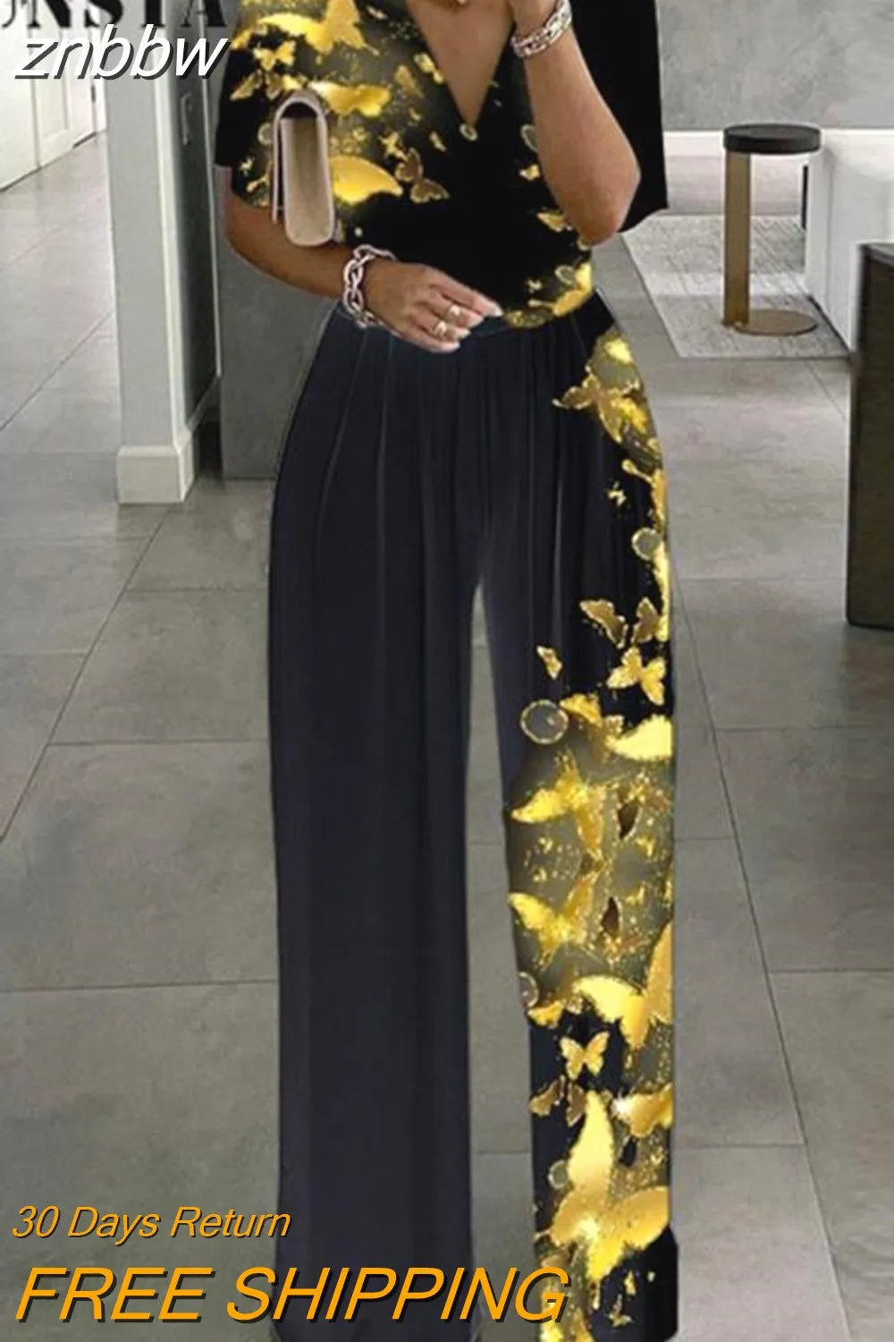 znbbw Casual Print V-Neck Workwear Romper Women Pleated Short Sleeve Wide Leg Jumpsuits Ladies High Waist Chic Vintage Jumpsuit