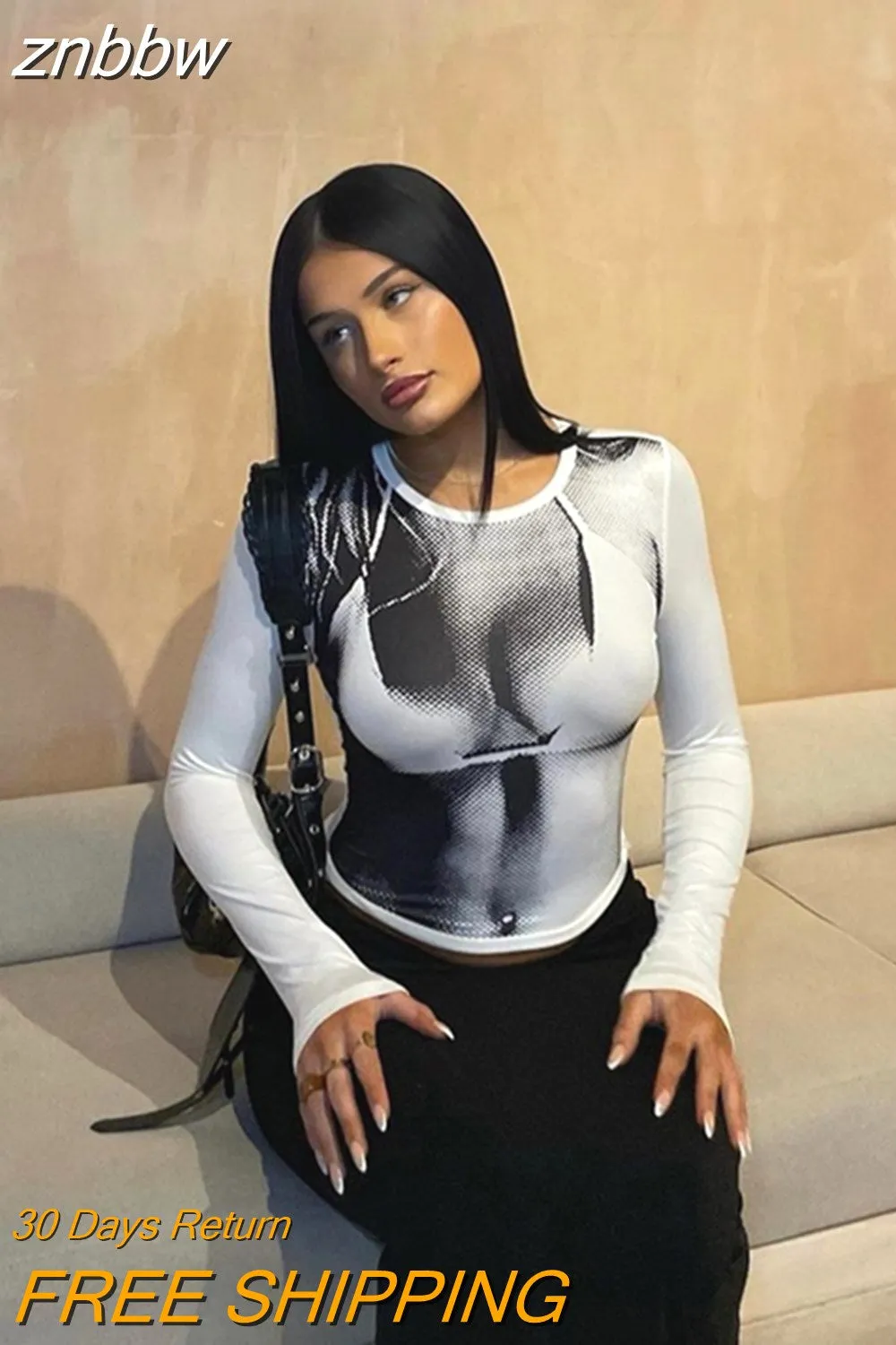 znbbw Spring Sexy Graphic T Shirt Summer Clothes For Women 2023 Yellow Long Sleeve O Neck Tops Female Tees White Tee Shirt