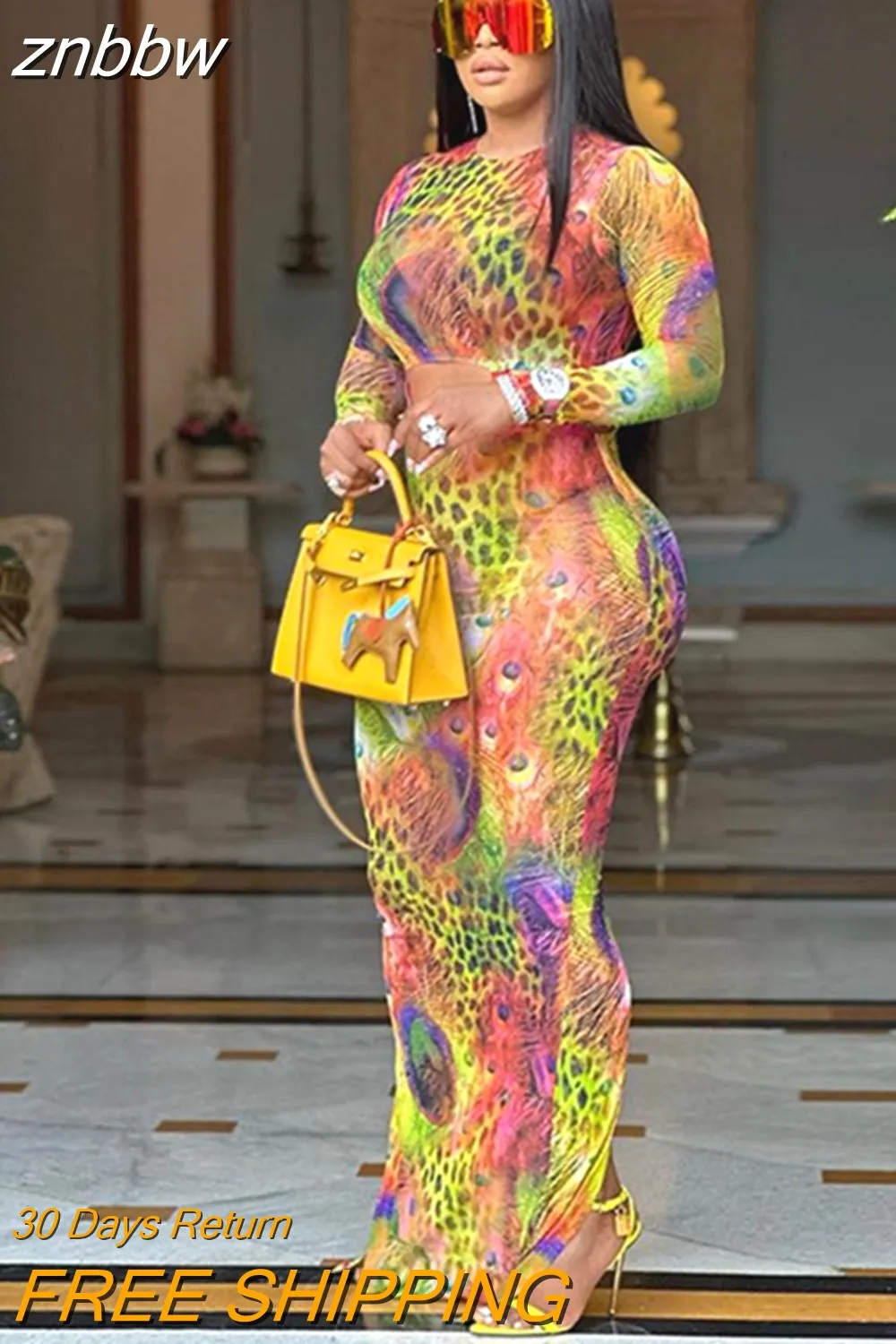 znbbw Summer Sexy Printing Long Dresses For Women 2023 O Neck Long Sleeve Hollow Out Colours Slim Dresses Floor Length Dress