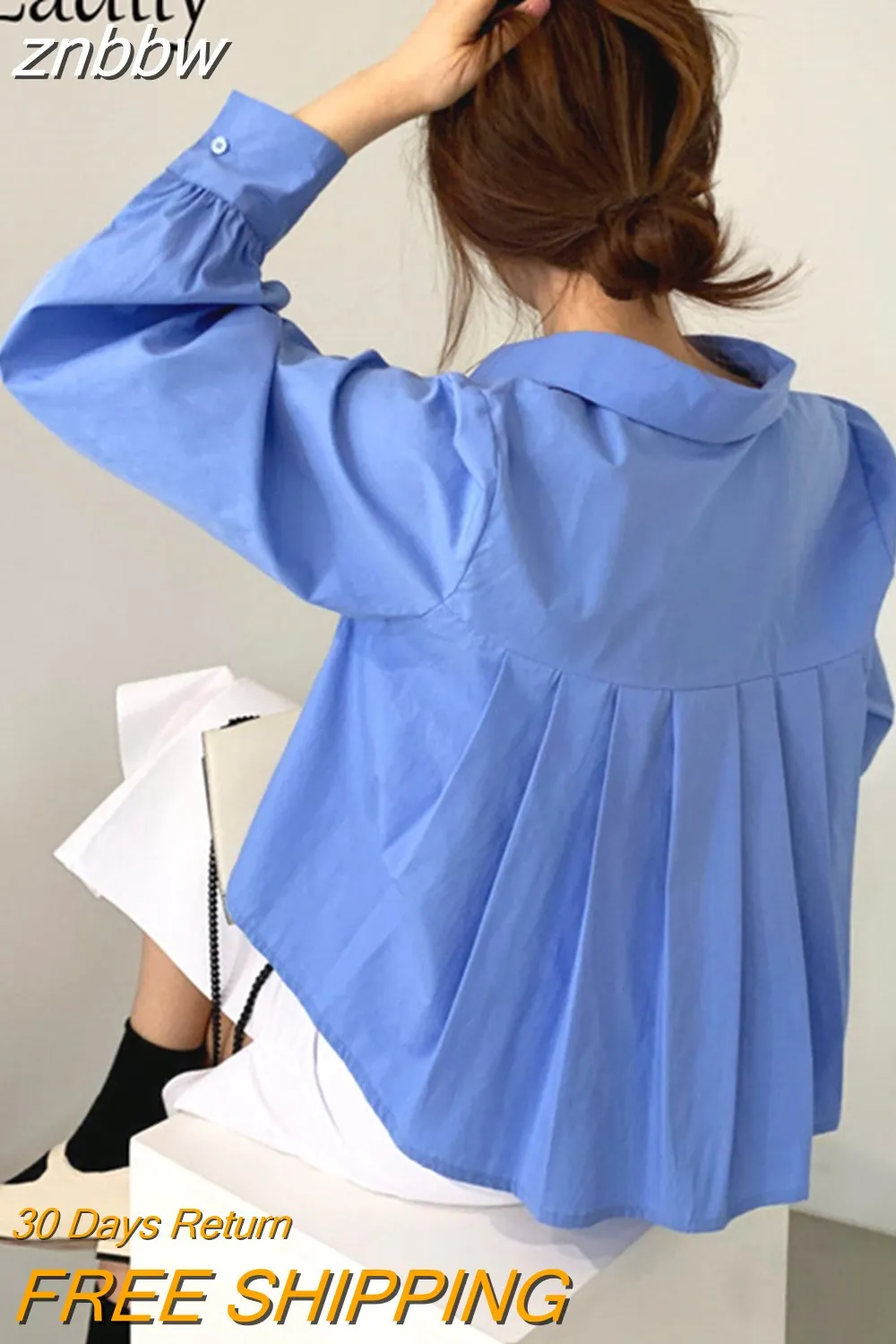 znbbw 2023 Summer Office Lady Long Shirt Women White Crop Shirt Korea Style Button Up Folds Solid Woman Blouse Work Female Tops