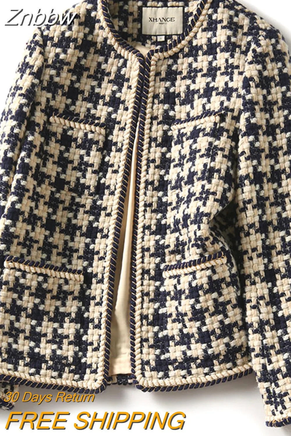 Znbbw 2023 Elegant Weave Plaid Women Blazer With Pocket And Lining Autumn Winter Causal Tweed Coat Office Ladies Suit Jacket 0410