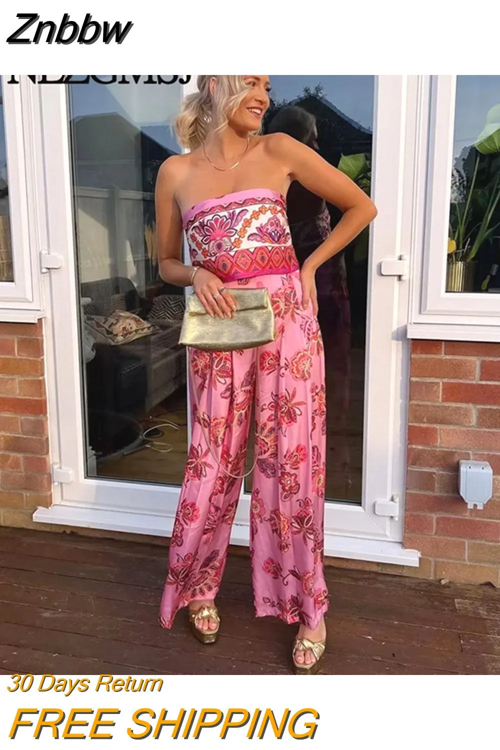 Znbbw TRAF Jumpsuits for Women Summer Vacation Style Women Print Loose Straight Jumpsuit Sexy Backless Jumpsuit