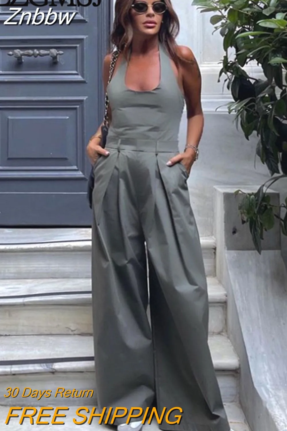 Znbbw TRAF Sexy V Neck Soild Halter Jumpsuit Women's Clothing Elegant Sleeveless Backless Casual Trousers Wide Leg Pants