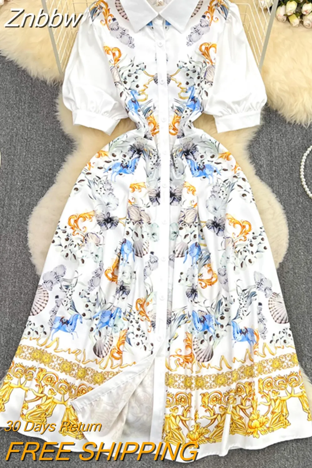 Znbbw Runway Vintage Floral Print Midi Dress Women's Clothes Summer Shirt Collar Short Sleeve Single Breasted Party Vestidos