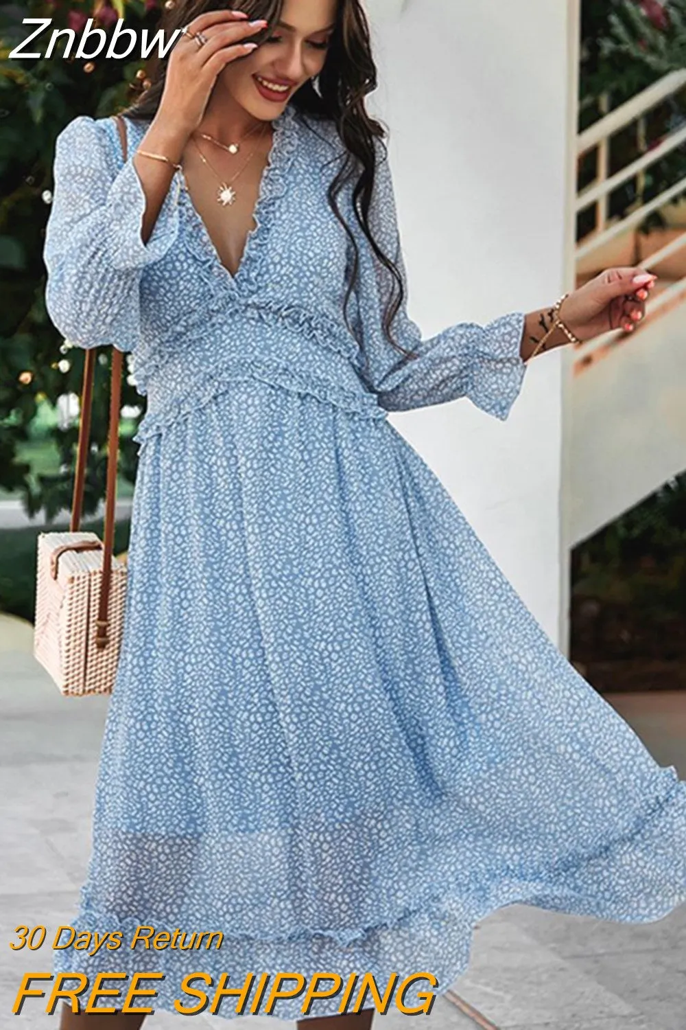 Znbbw Summer Dress Women 2023 Ruffles Print V Neck Chiffon Midi Dress Wrist Flare Sleeve Empire Holiday Beach Dresses Woman