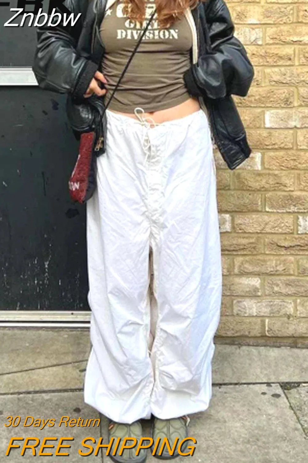 Znbbw Women Hippie Baggy Sweatpants White Low Waist Drawstring Vintage 90s Streetwear Y2k Trousers Loose Joggers Wide Leg Cargo Pants