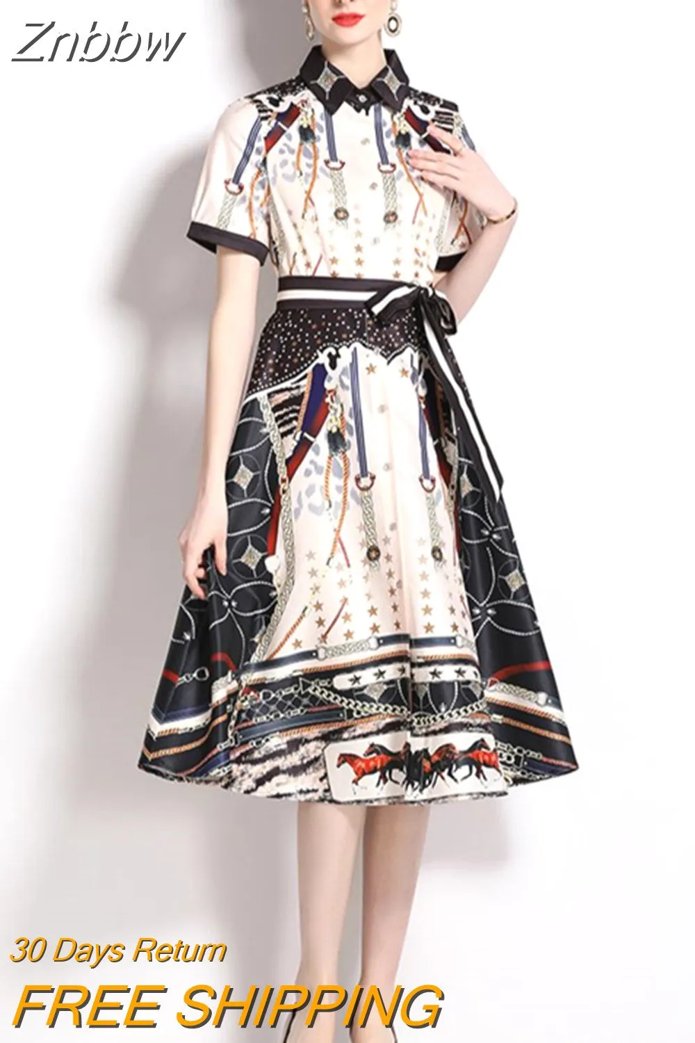 Znbbw Short Sleeve Bow Tie Lapel Holiday Floral Dresses Women Elegant Vintage Chain Printed Pleated Party Midi Vestidos N590