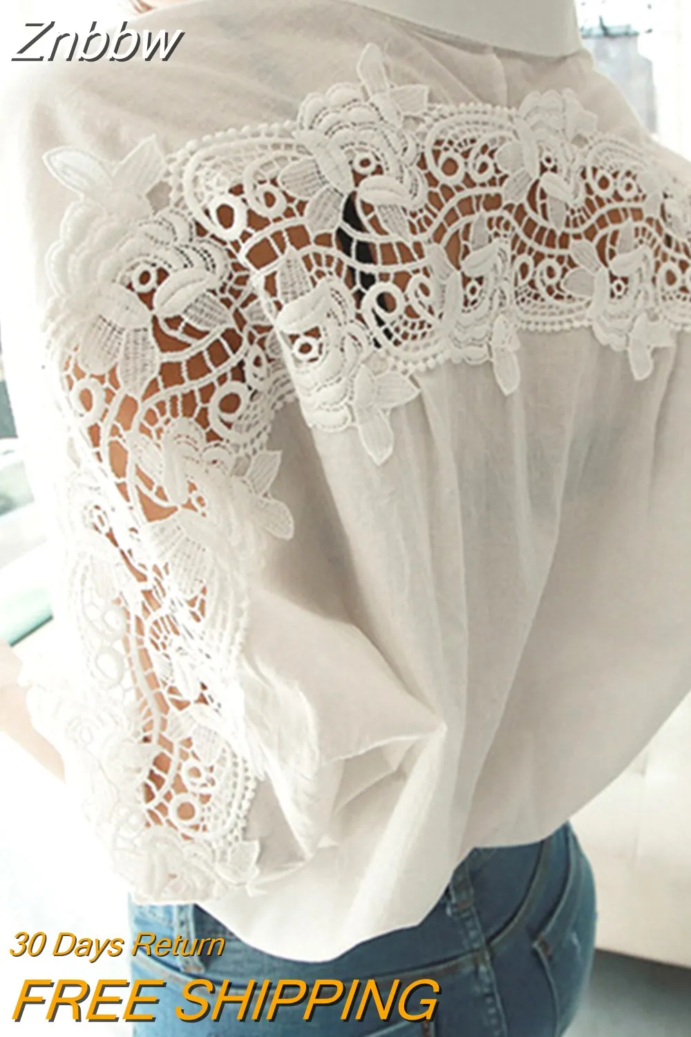 Znbbw Collar Cotton White Blouse Shirts Women Embroidery Floral Hollow Out Sexy Female Shirt Tops Loose Casual Blouses 1310
