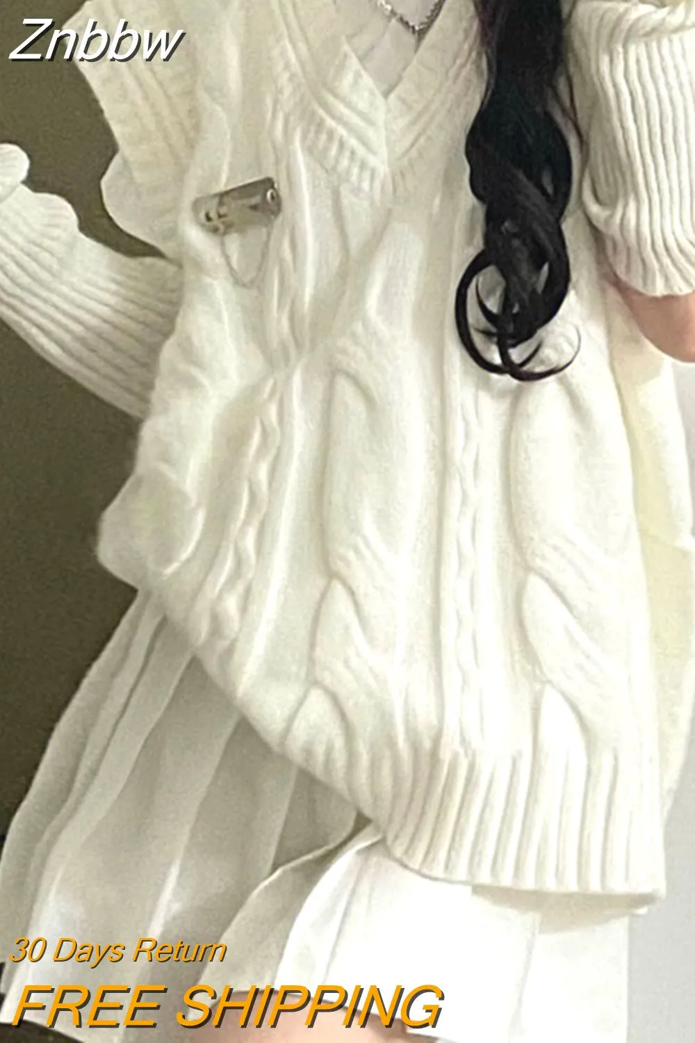 Znbbw Preppy Style White Knitted Sweater Vest Women Harajuku V-neck Sleeveless Jumper Sweet Loose Casual All-match Tops Y2K