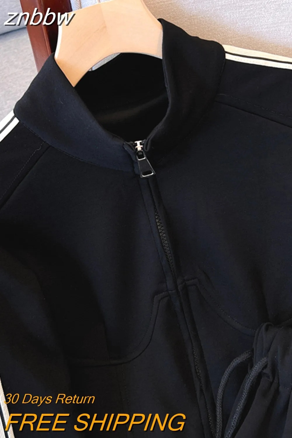 znbbw Women's Two Piece Black Sport Set  Long sleeves Zipper Coat and Pants Tracksuit Female Casual Matching Sets Sportswear Fall 2023