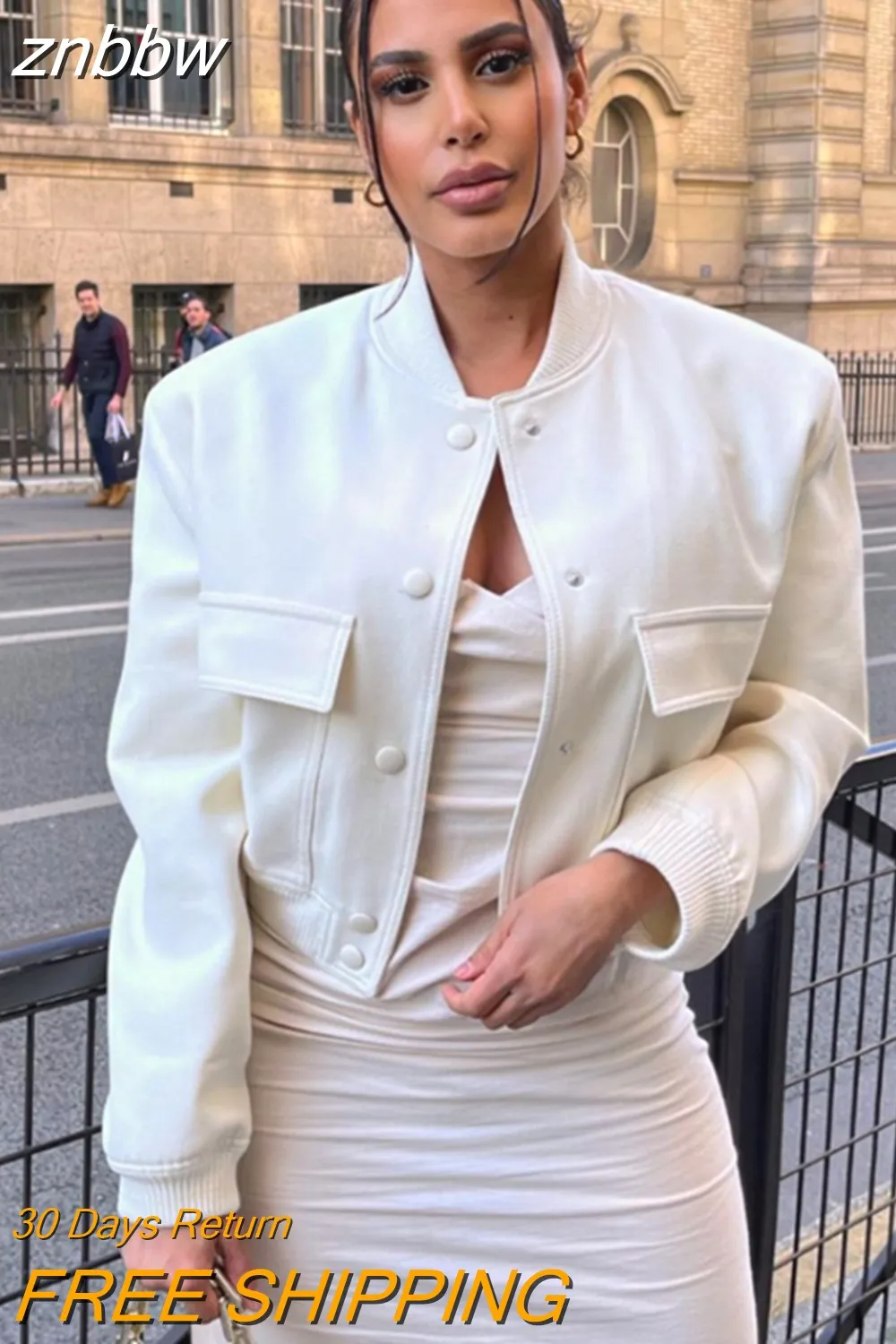 znbbw Fashion Pocket Short Jacket Women Solid O Neck Long Sleeve Coat Spring Autumn White Casual Female Single Breasted Outwear