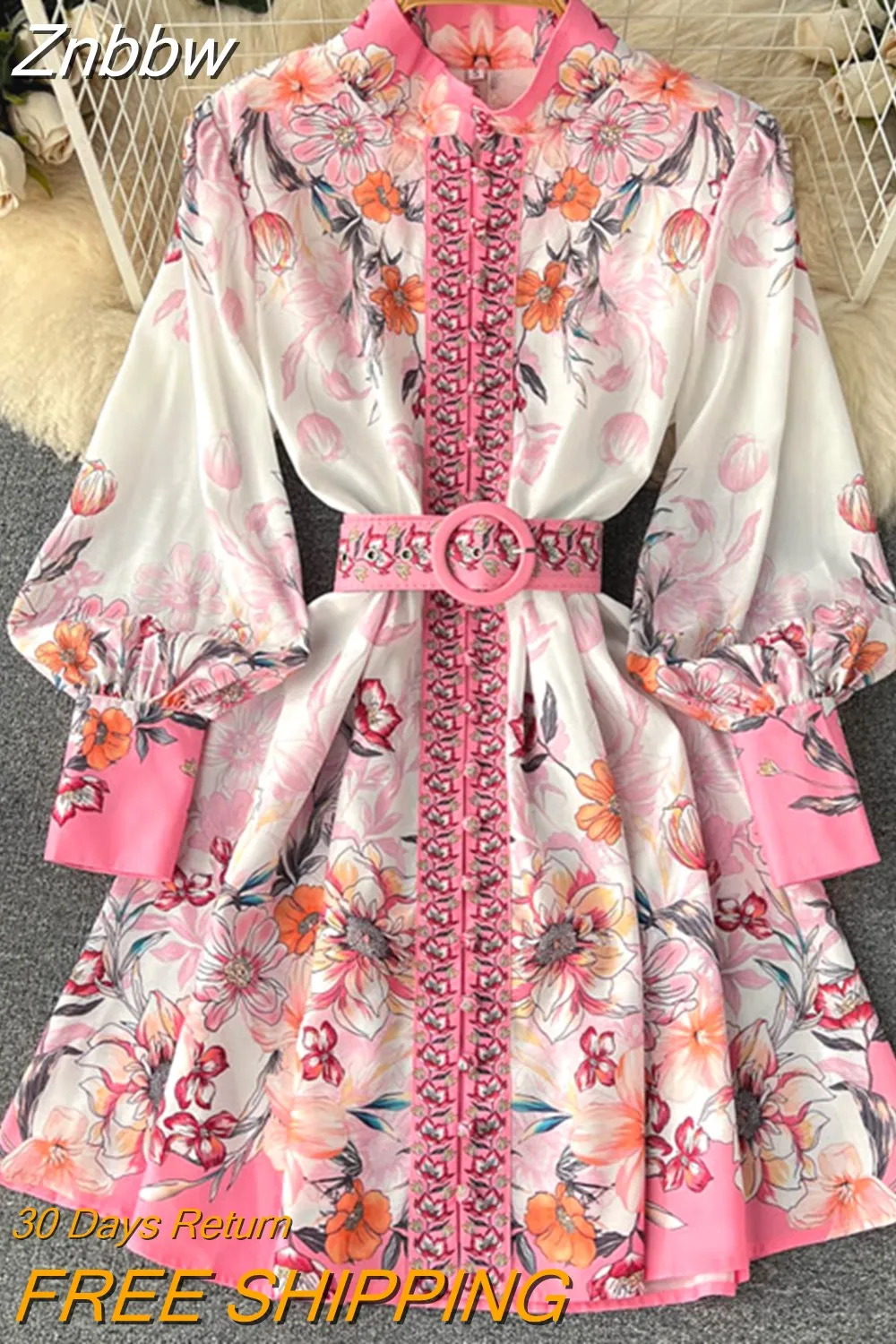 Znbbw Summer Pink Flower Sweet Dress for Women Runway Stand Collar Lantern Sleeve Single Breasted Floral Print Belt Mini Dress