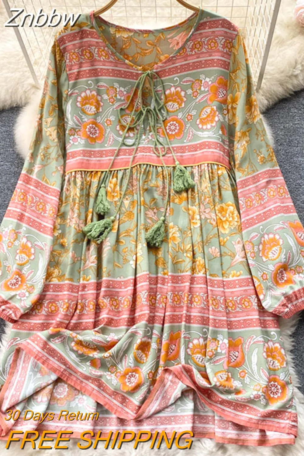Znbbw Autumn Women's Travel Holiday indie Style Dress New Sweet Loose Thin Printed Long-sleeved Mid-length Dress GD647