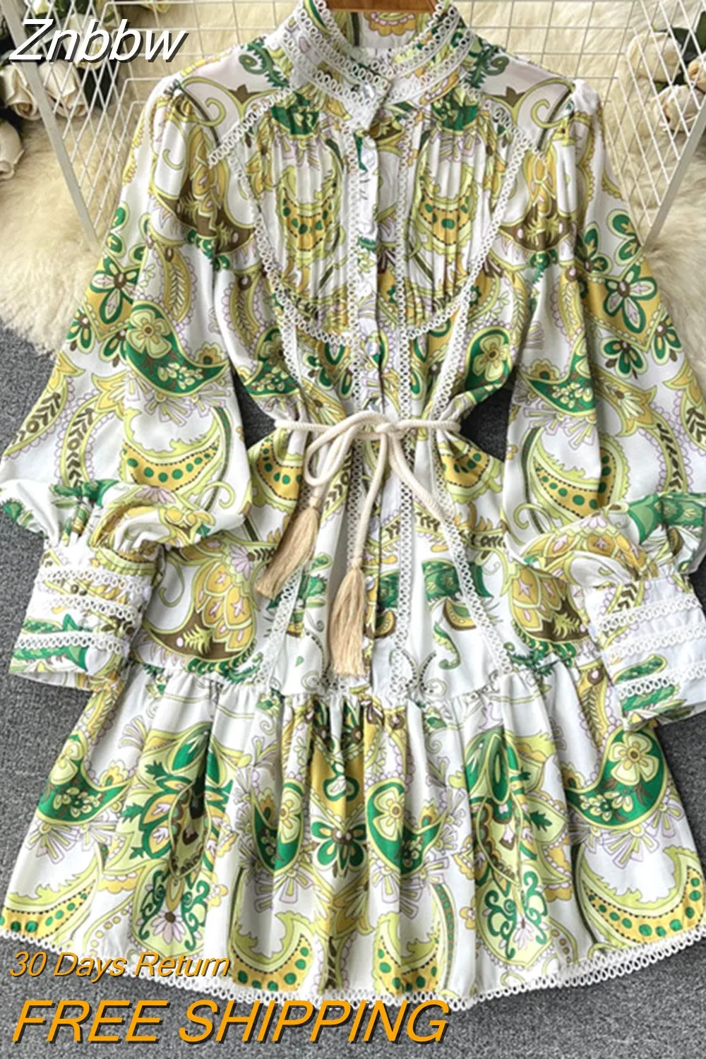 Znbbw Floral Print Mini Dress Women Stand Single Breasted Long Lantern Sleeve Ruffles Tassel Trims Vintage Party Vestidos N6319