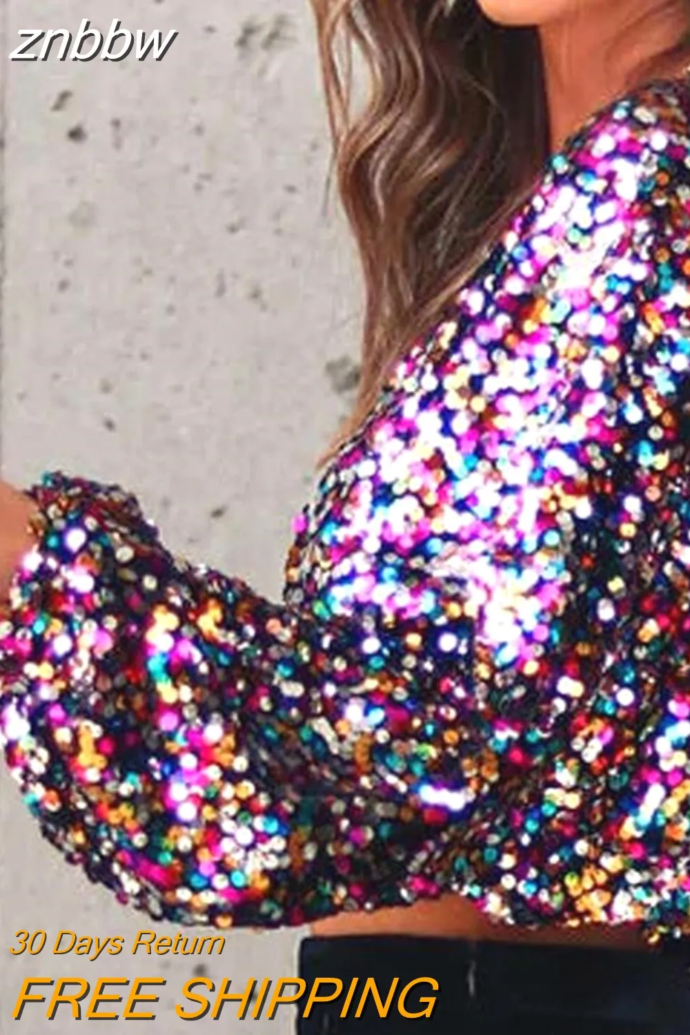 znbbw Lady T-Shirts O-Neck Blusa Women Fashion Party Glitter Sequin Tees Shirt Casual Streetwear Lantern Sleeve Sexy Crop Tops