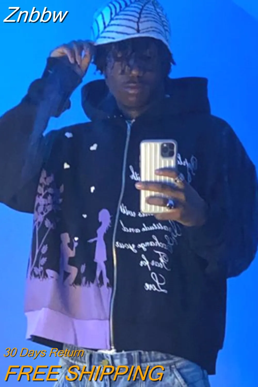 Znbbw Zip Hoodies Y2k Letter Print Top High Street Punk Oversized Pullover American Fashion Goth Hip Hop Couple Sweatshirt 0410